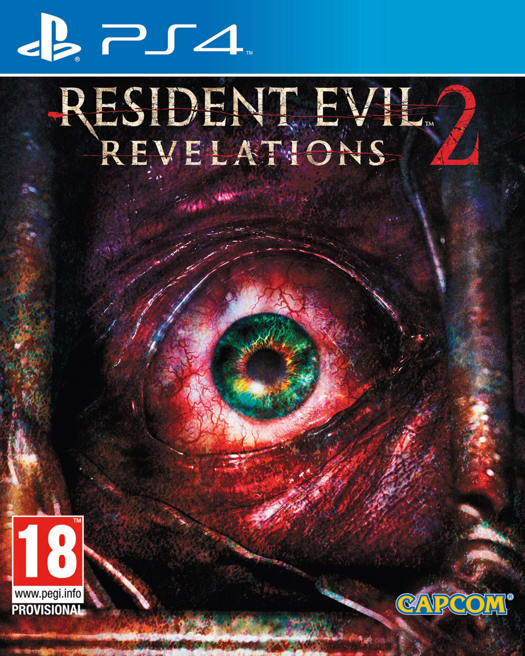 Copertina di Resident Evil Revelations 2 con primo piano di un occhio insanguinato.