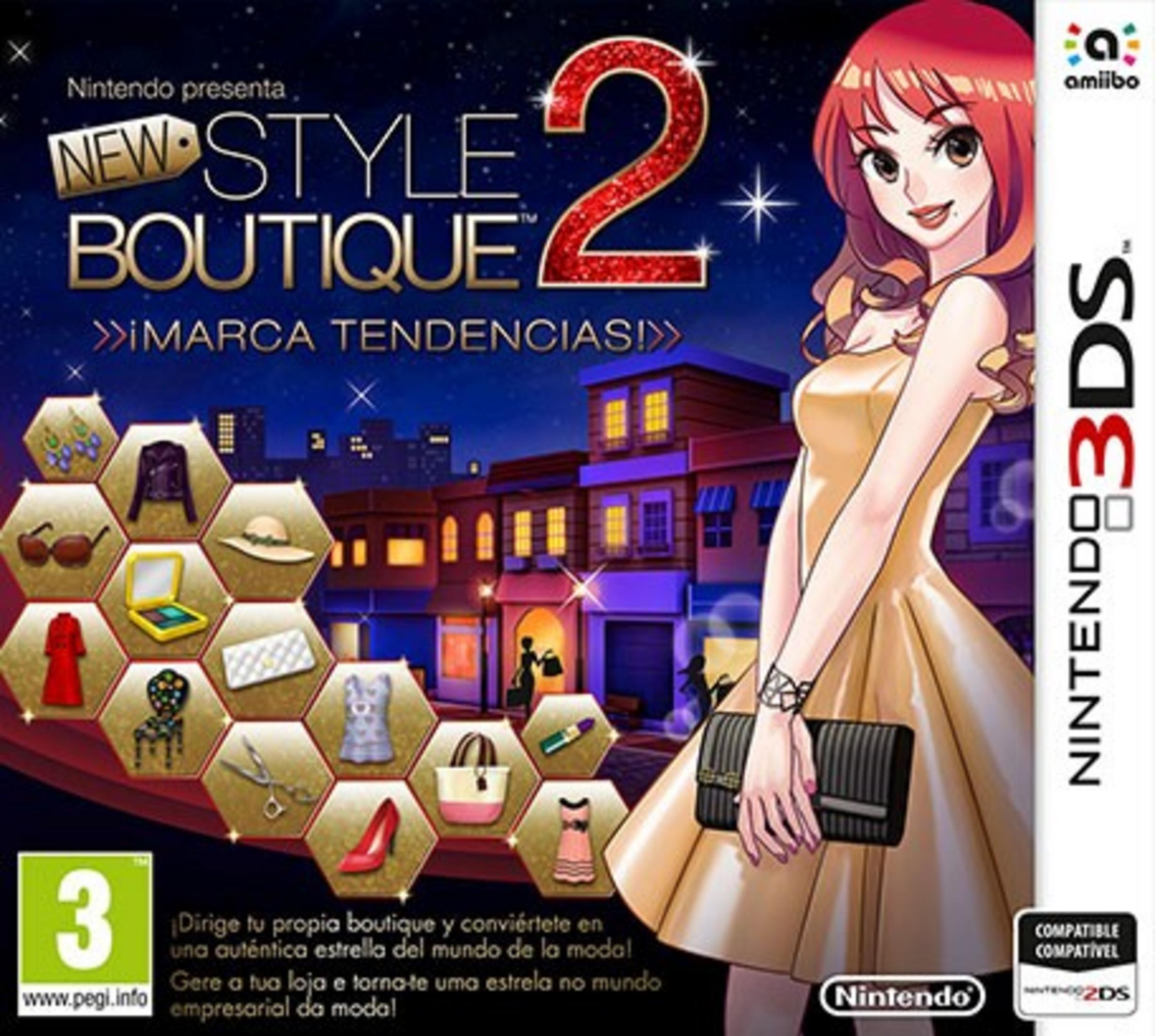 Kobieta z rudymi włosami w złotej sukience, artykuły modowe i logo Nintendo 3DS.