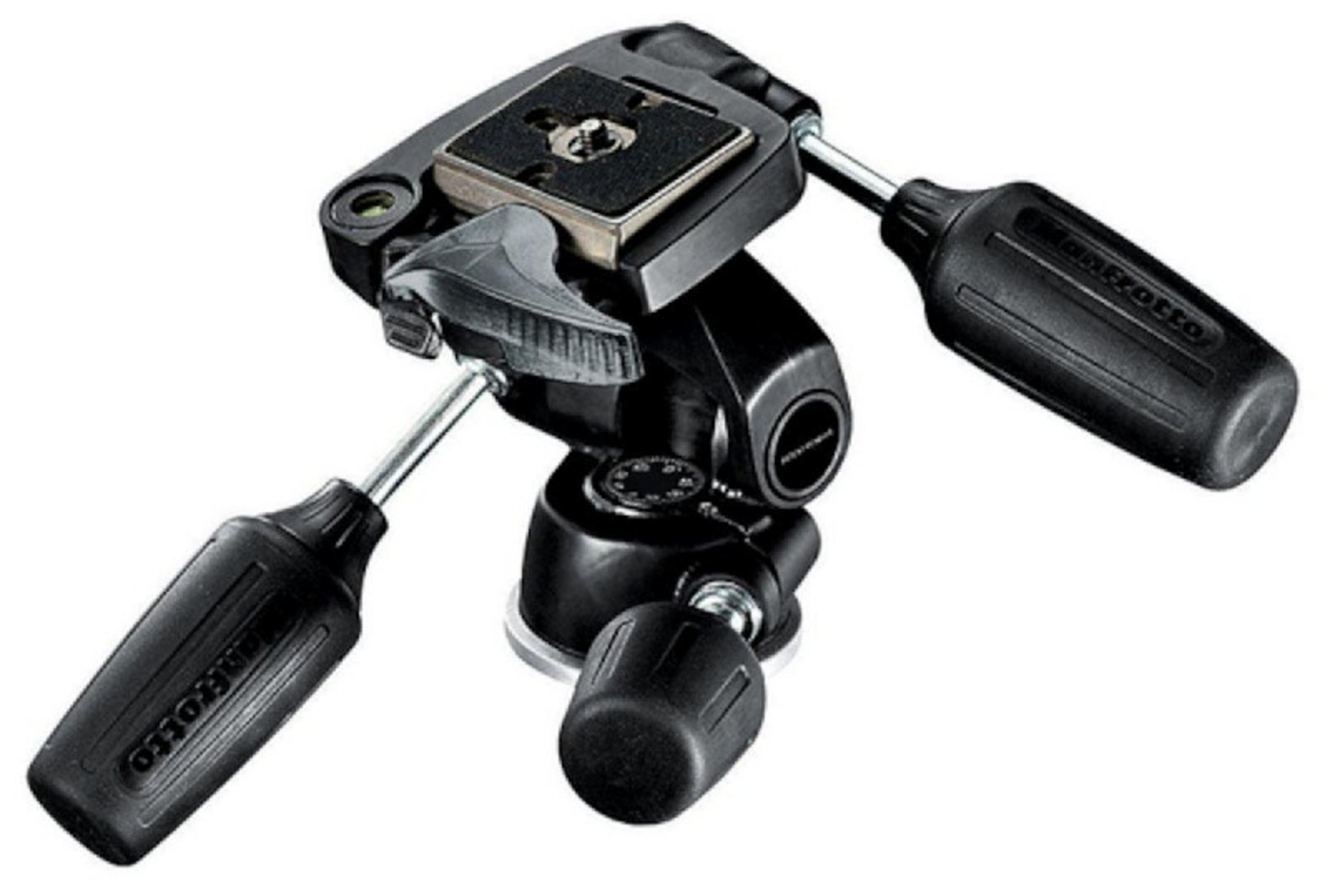 Una testa per treppiede Manfrotto nera con due maniglie e piastra rapida.