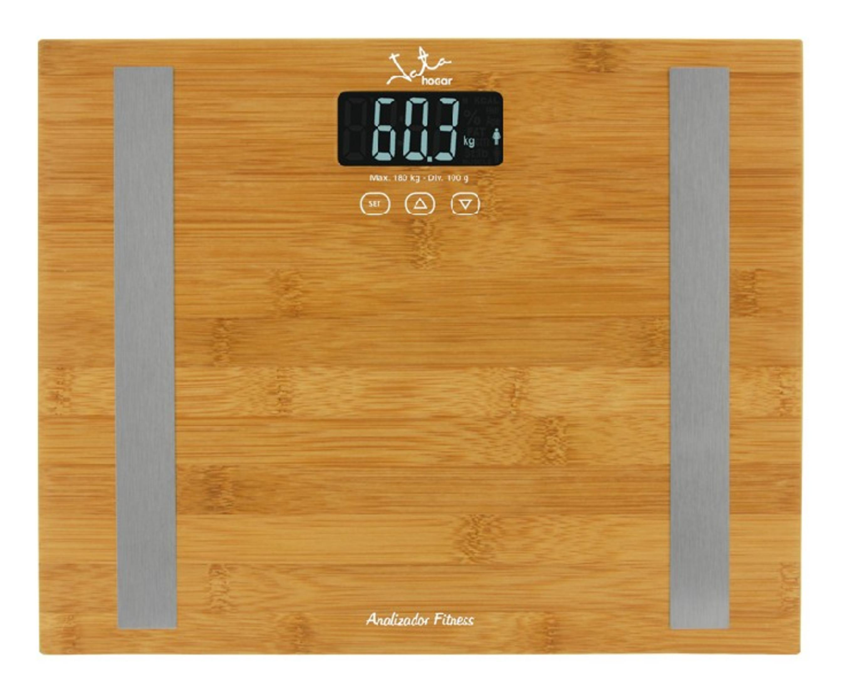 Bilancia digitale con design in legno e display LCD mostra 60,3 kg.