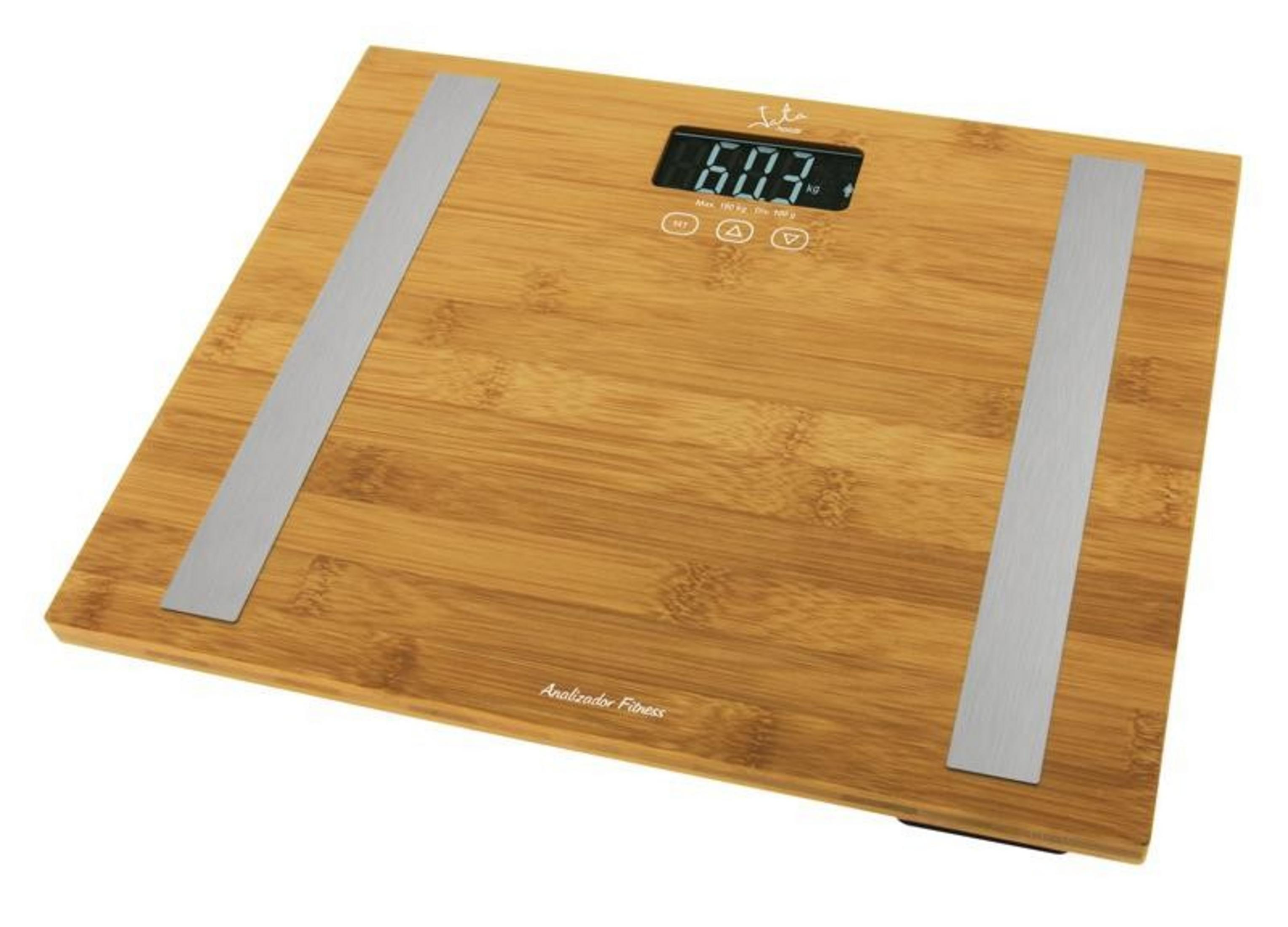 Bilancia digitale in bambù con strisce metalliche argentate e display nero.
