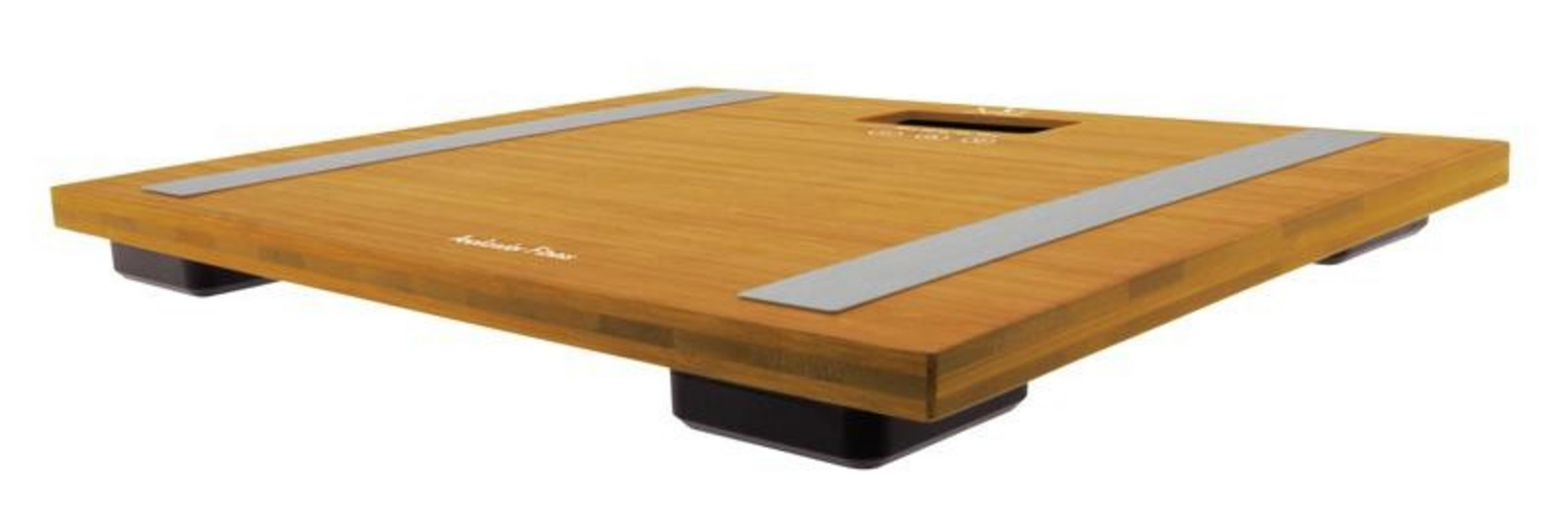 Un bilancia da bagno in legno con accenti argentati e piedini neri.