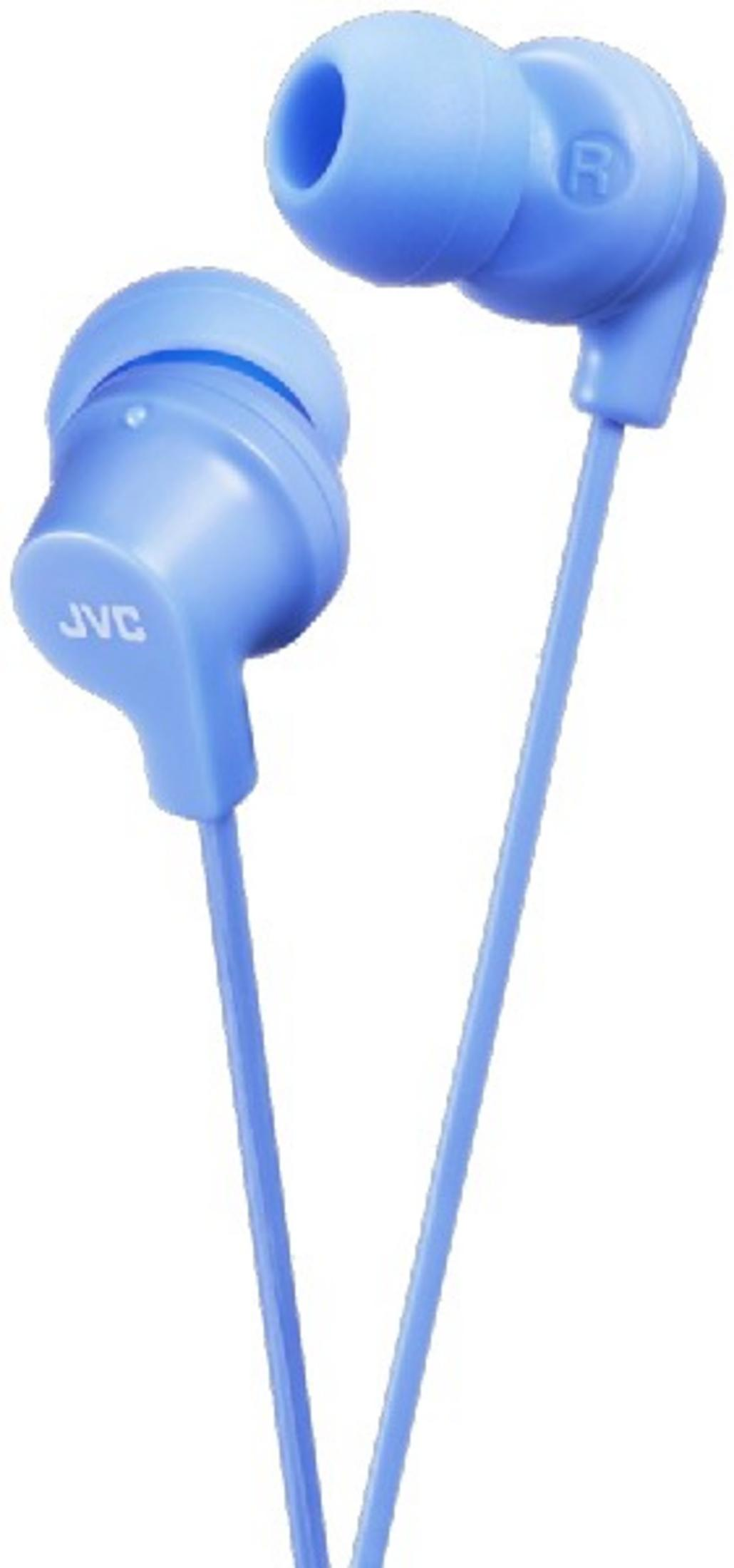 Auricolari JVC blu su sfondo bianco.