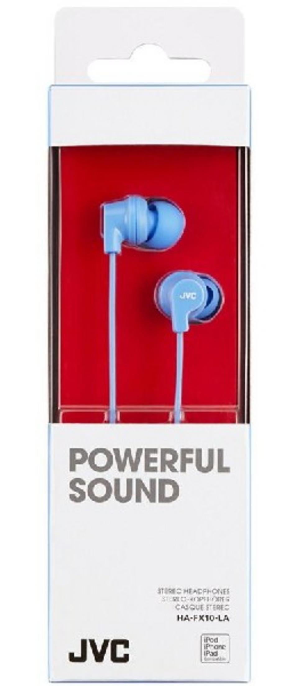 Confezione con auricolari JVC blu, scritta 'Powerful Sound'.