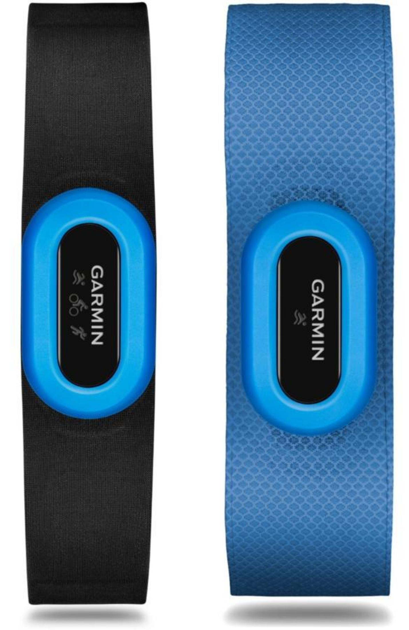 Zwei Garmin Herzfrequenzgurte nebeneinander, einer schwarz, einer blau.