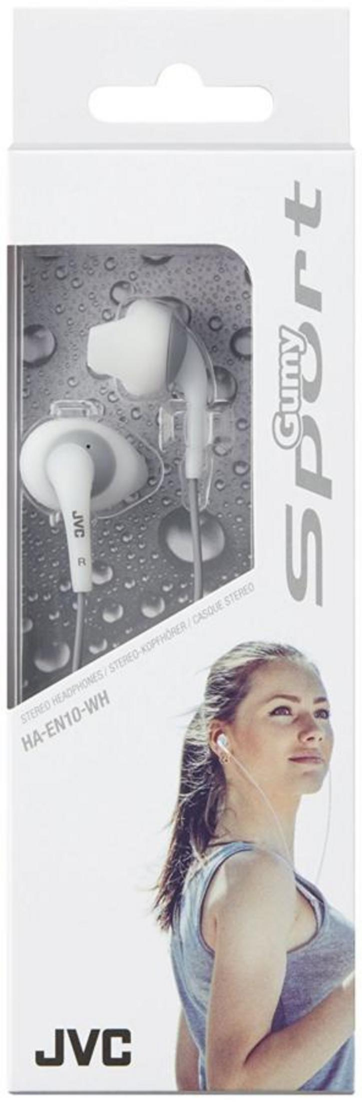 Weiße JVC Gumy Sport In-Ear-Kopfhörer auf Verpackung mit Frau