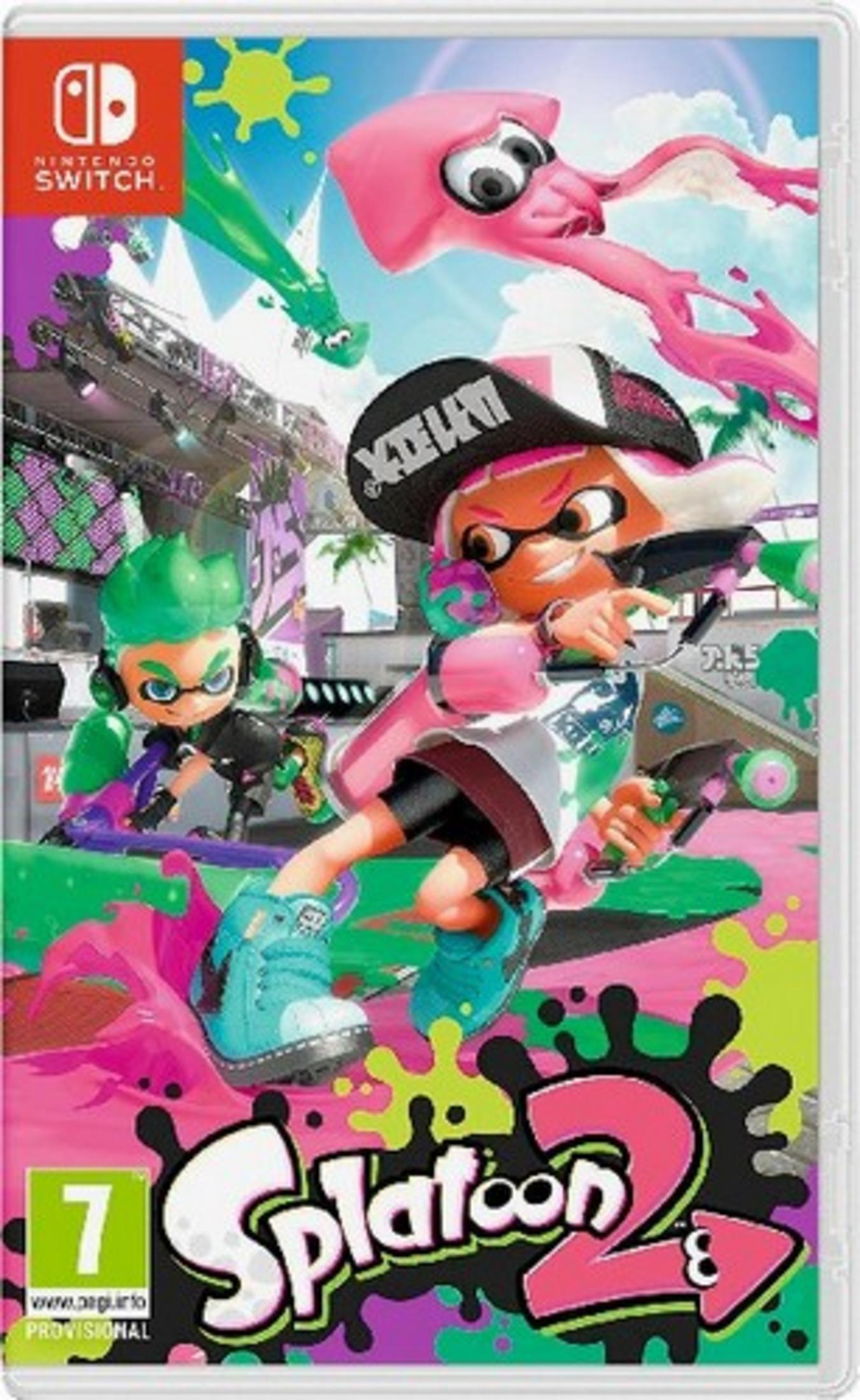Copertina gioco Splatoon 2 con logo Nintendo Switch. Personaggi inchiostro rosa e verdi.