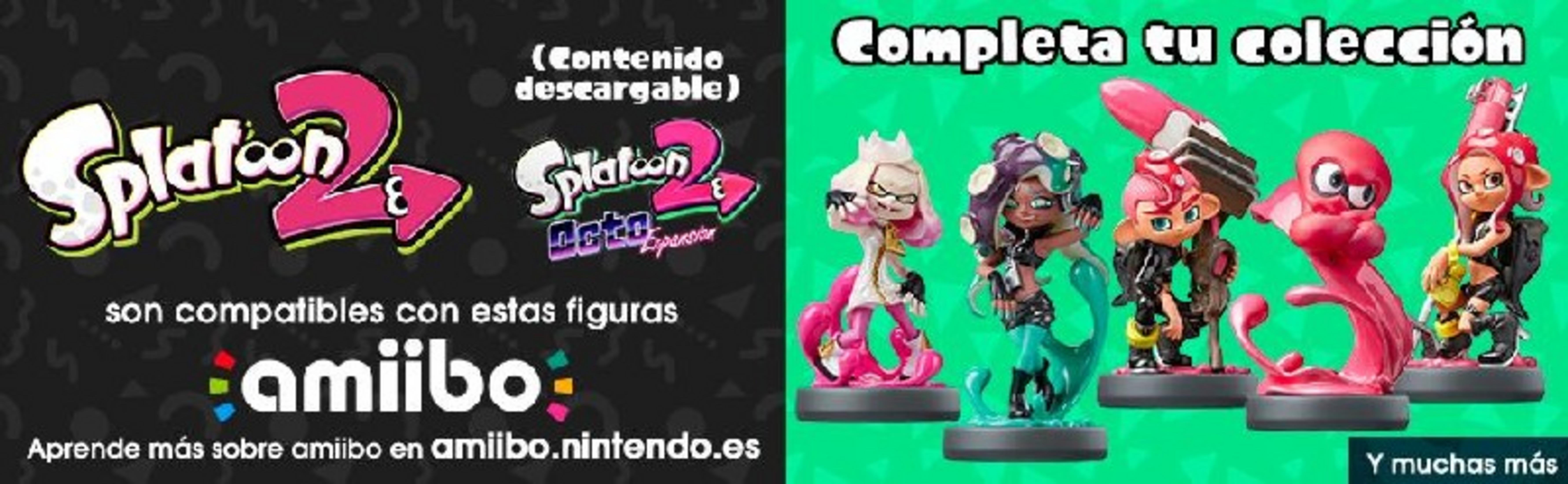 Logo Splatoon 2 e figure. A sinistra: Logo Splatoon 2, compatibilità Amiibo. A destra: Quattro figure.