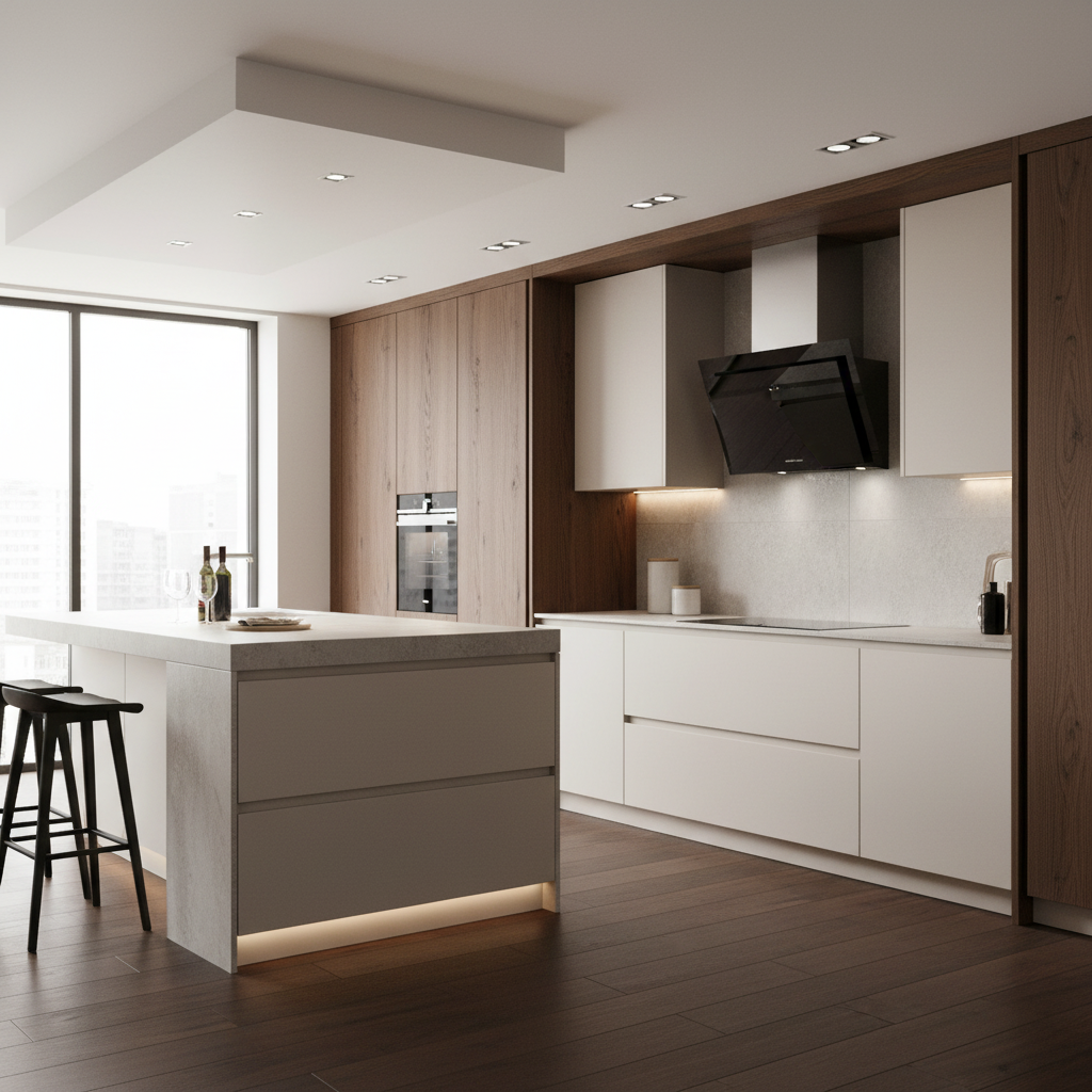 Cocina moderna con detalles en madera, isla y gabinetes blancos.