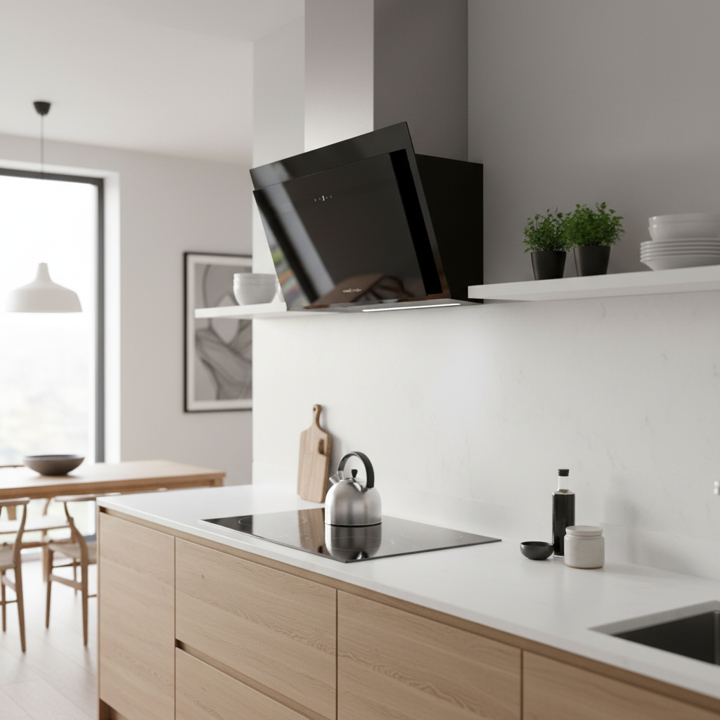 Cocina moderna con campana extractora negra, vitrocerámica y zona de comedor.
