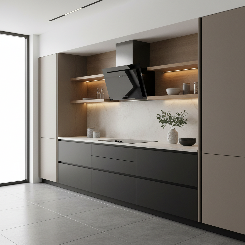 Cocina moderna con gabinetes oscuros, estantes de madera, campana extractora y ventana grande.