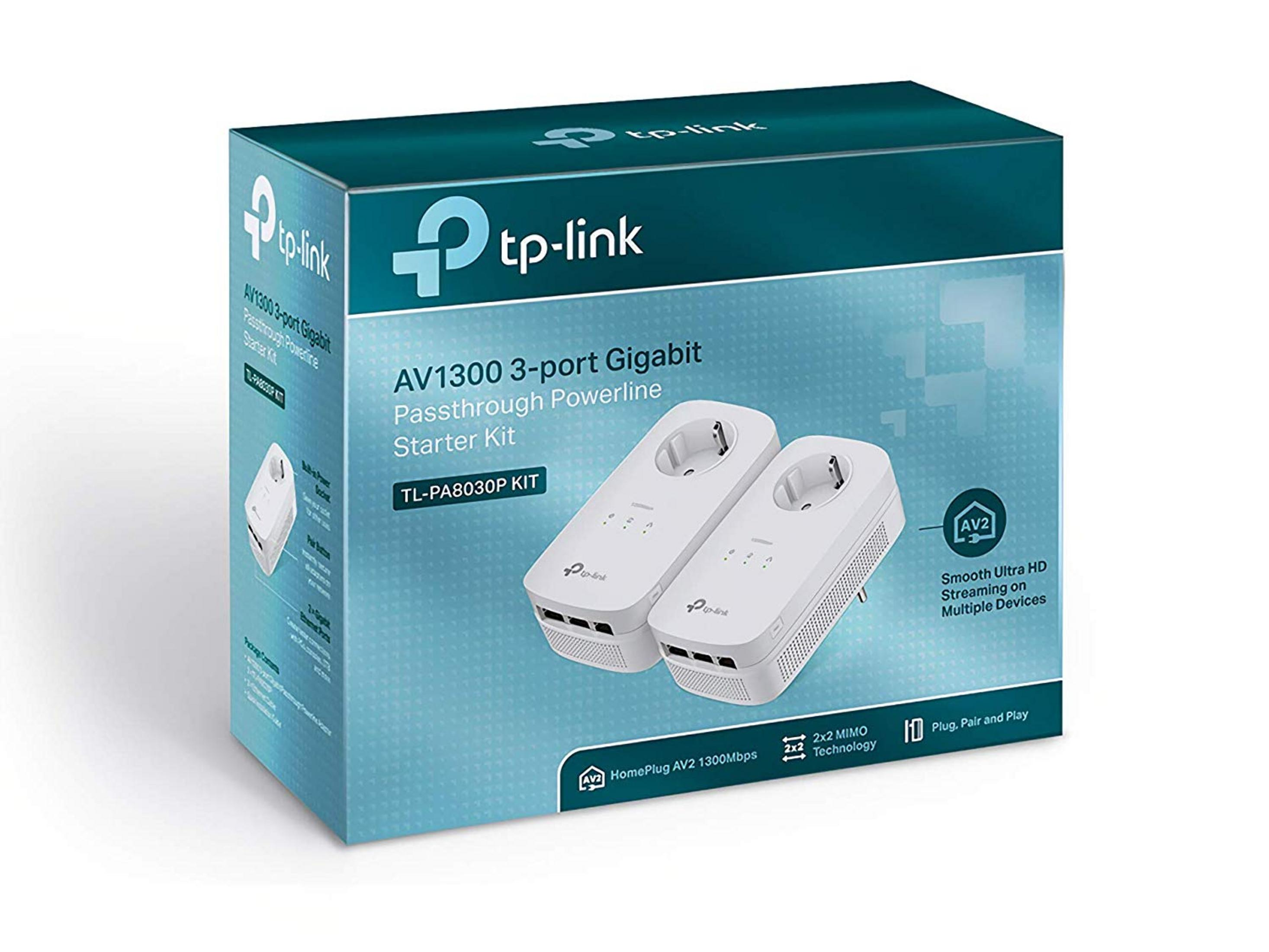 TP-Link AV1300 3-port Gigabit Powerline Starter Kit with two white adapters.