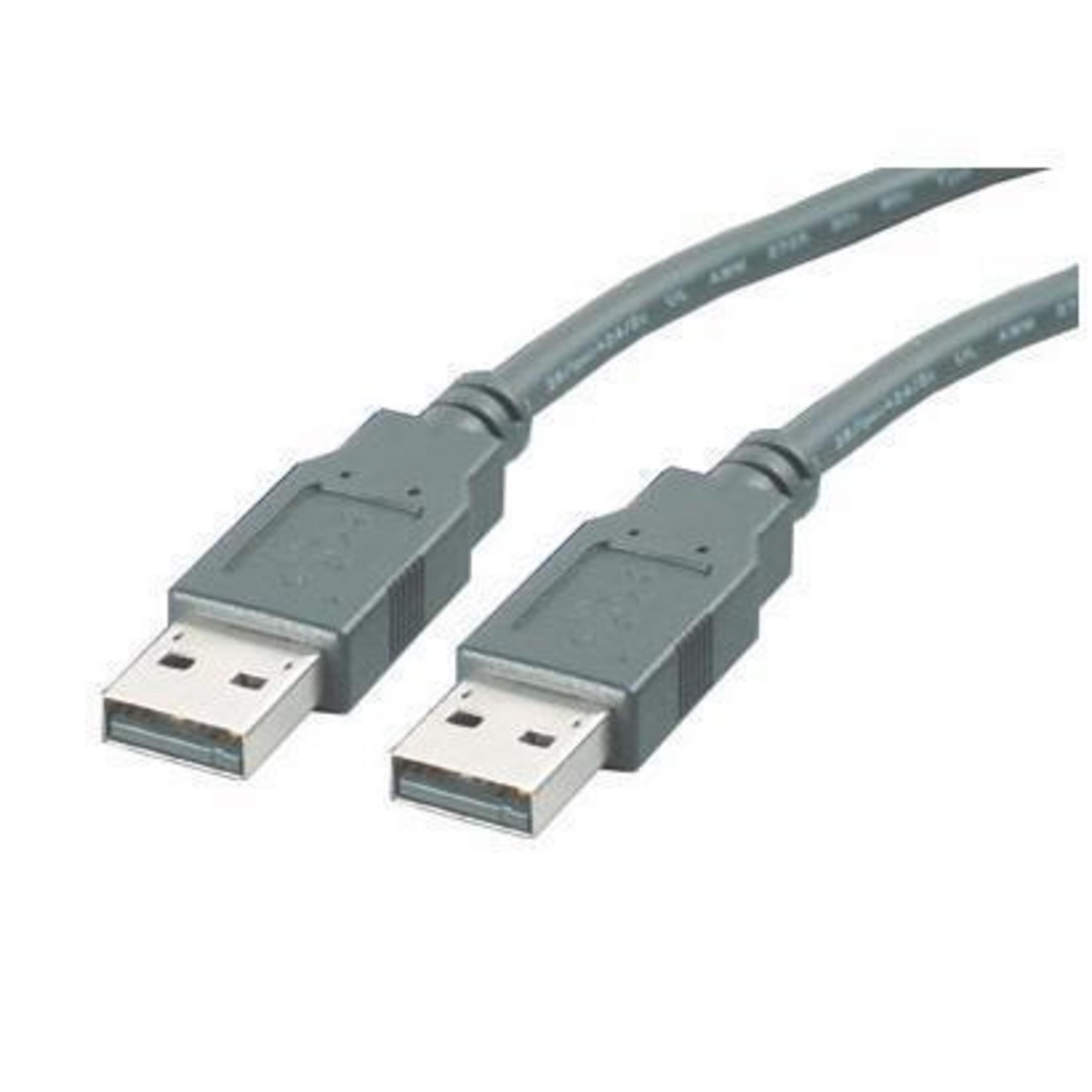 Cavo USB grigio con due connettori e spine in metallo argentato.