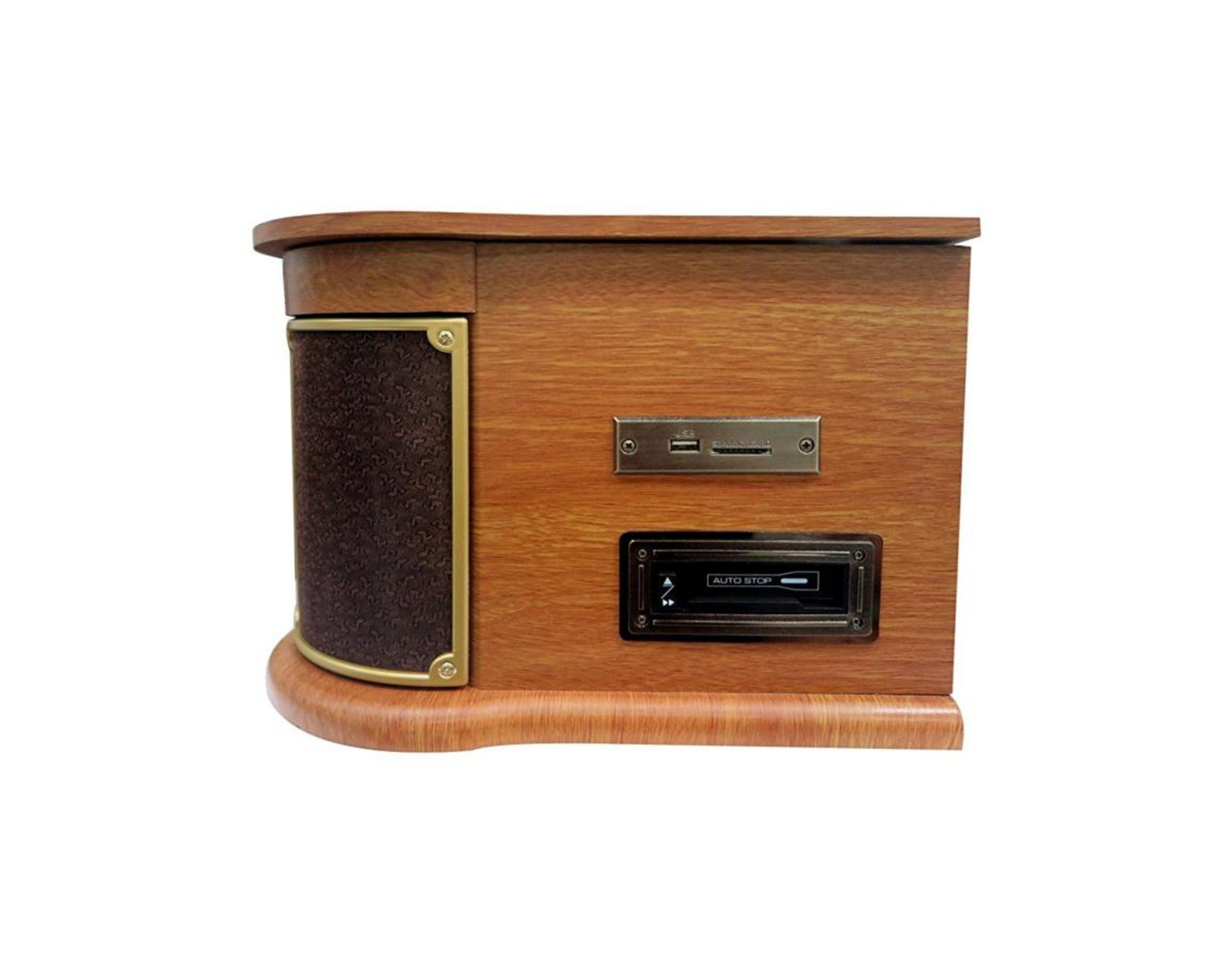 Scatola in legno con griglia altoparlante e controlli come USB e lettore di schede SD.