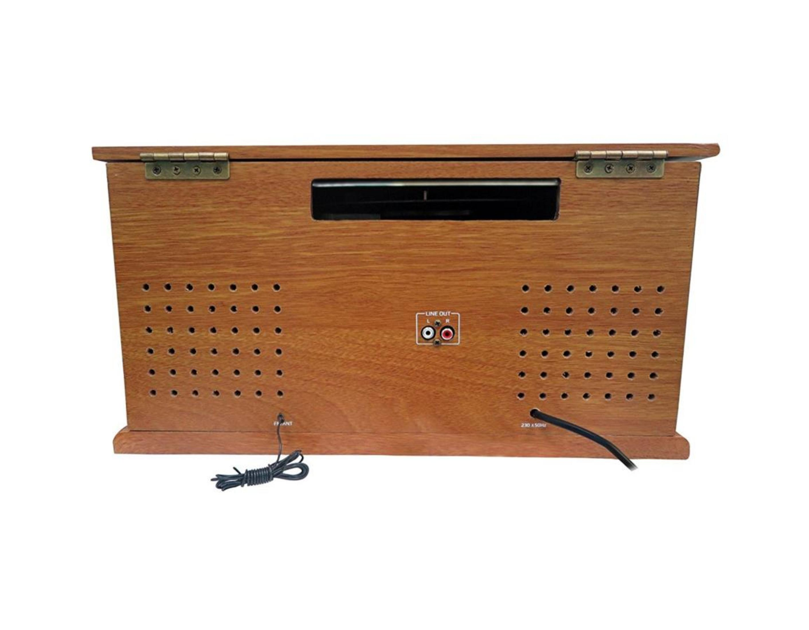 Retro di una radio in legno con prese d'aria, porte e cavi.