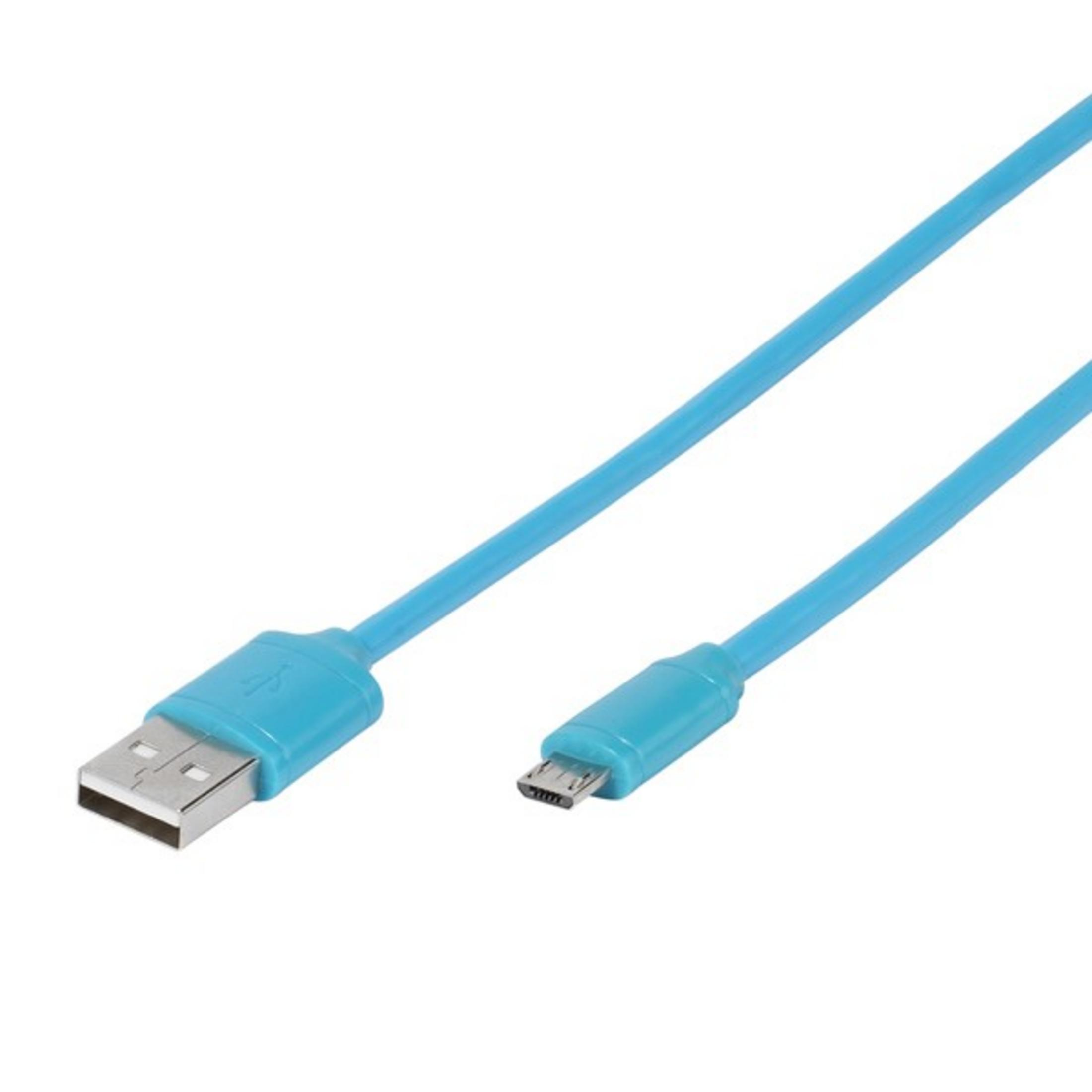 Ein blaues USB-Kabel mit einem Standard-USB-Stecker und einem Micro-USB-Stecker.