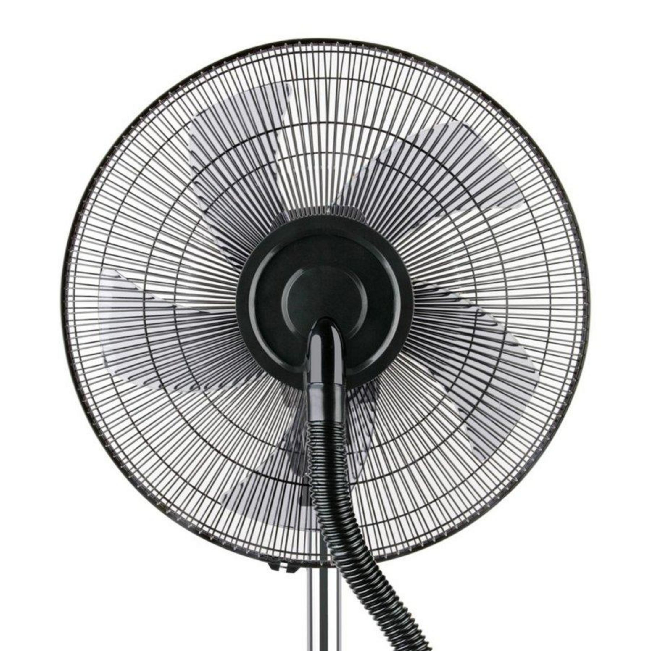 Vista trasera de un ventilador de pie negro con aspas y rejilla.