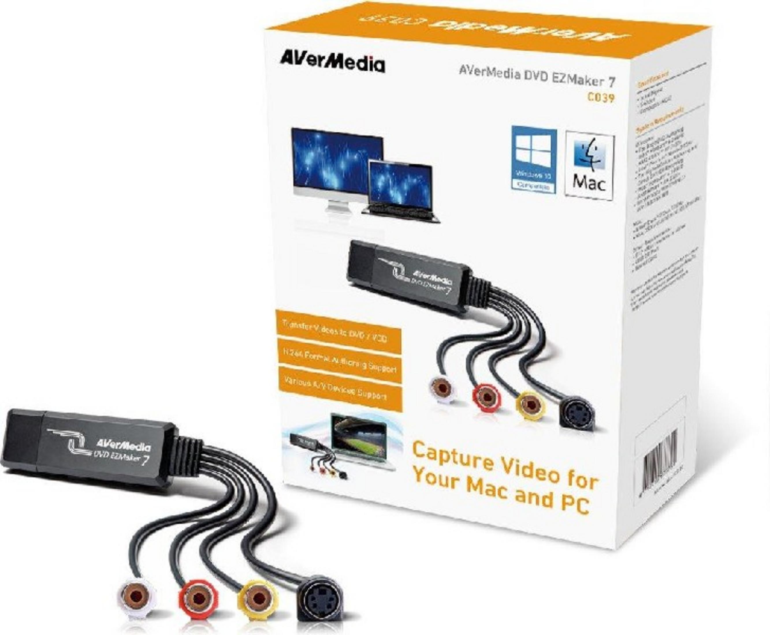 AVerMedia DVD EZMaker 7 con cables para Mac y PC.