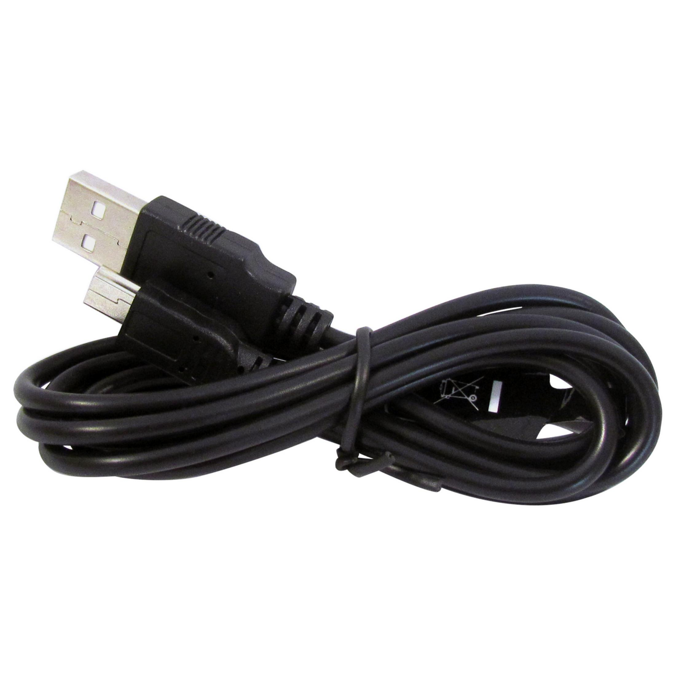 Cavo USB nero con connettori USB-A e micro-USB, avvolto.