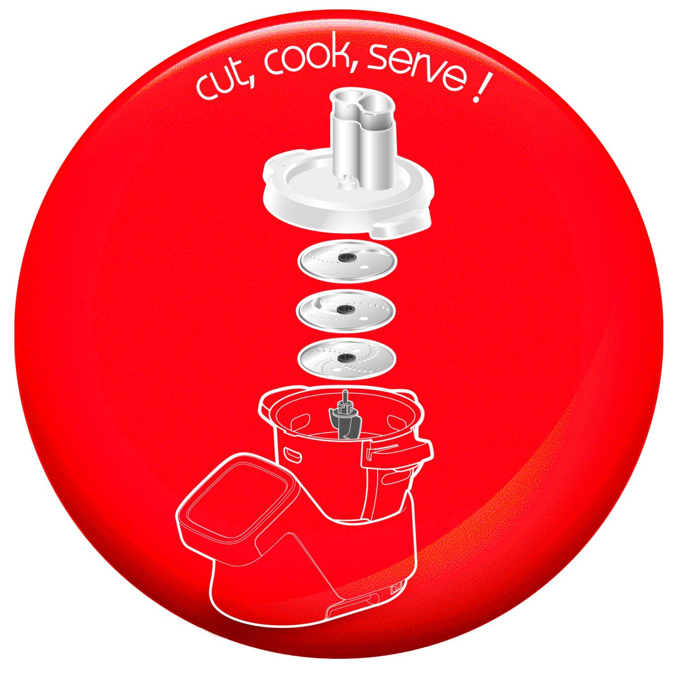 Ein Küchenmaschinen-Deckel mit drei Scheiben über der Basis.