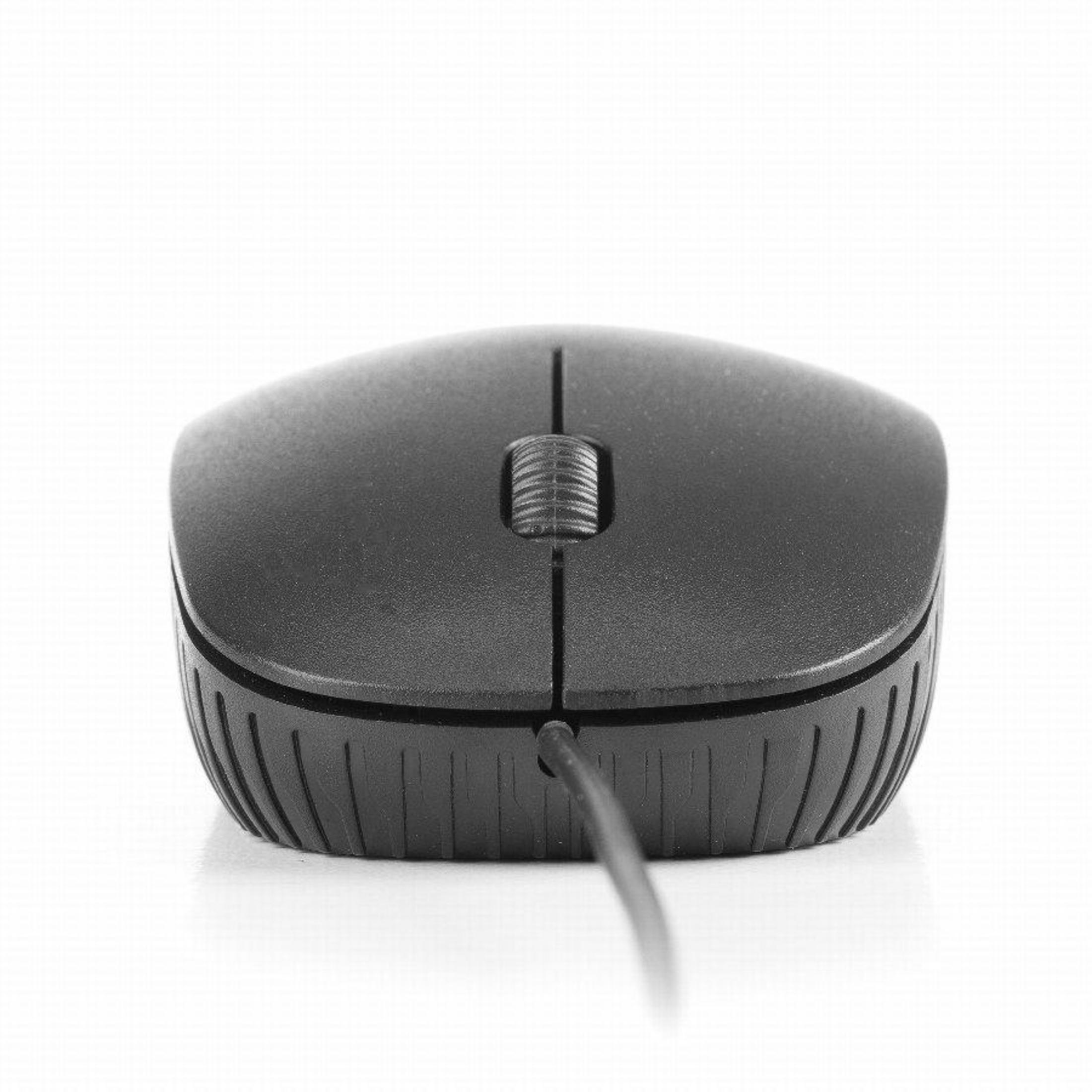 Black computer mouse with scroll wheel and cable on a white background.
