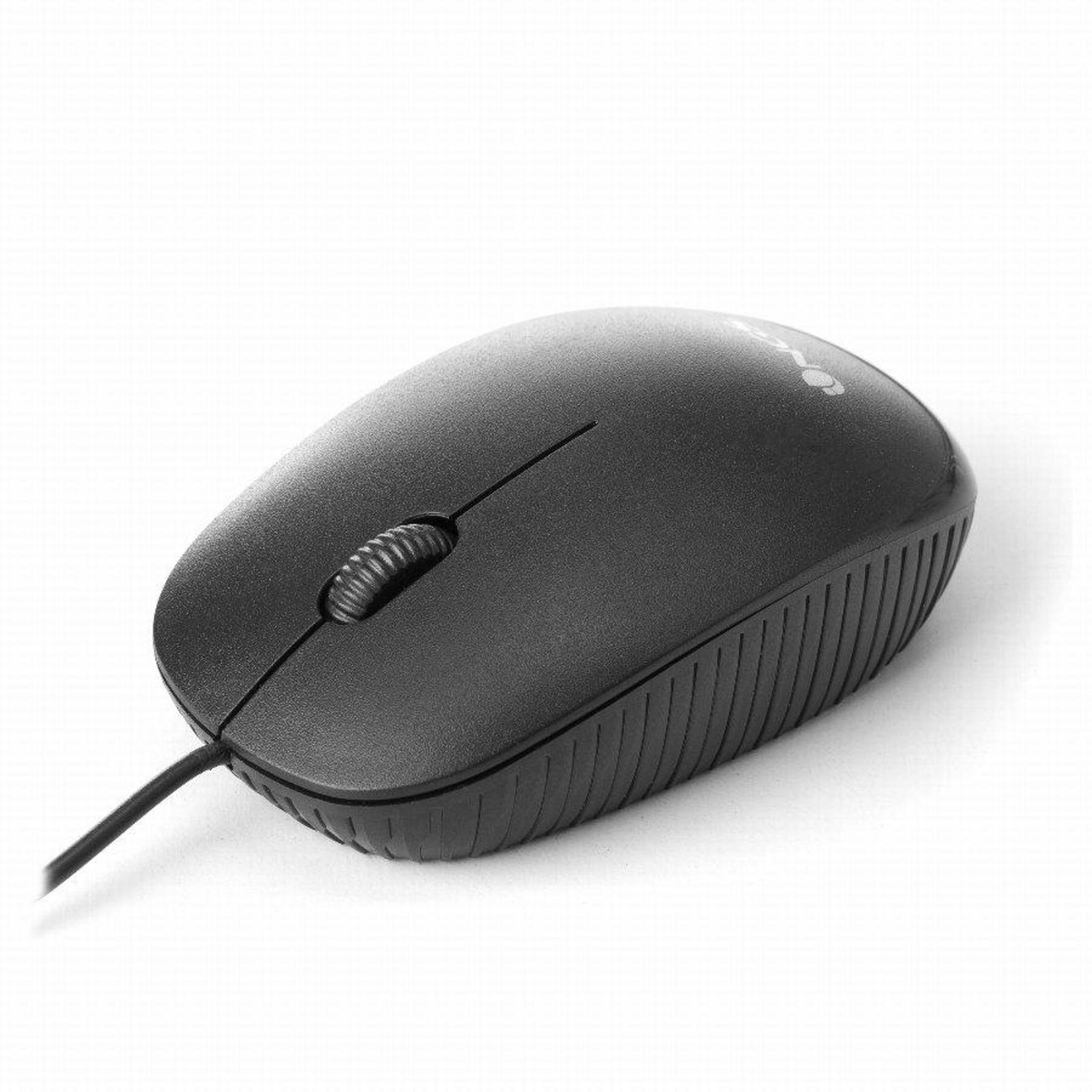 A black computer mouse with a scroll wheel and cable on a white background.