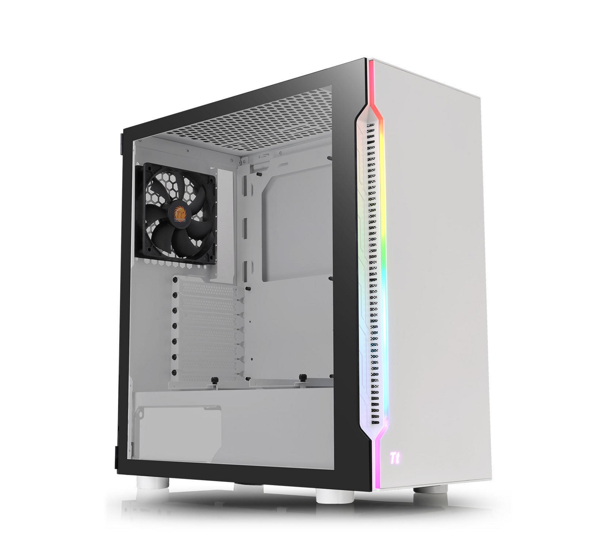 Ein weißes Computergehäuse mit Glasfenster und RGB-Beleuchtung an der Vorderseite.
