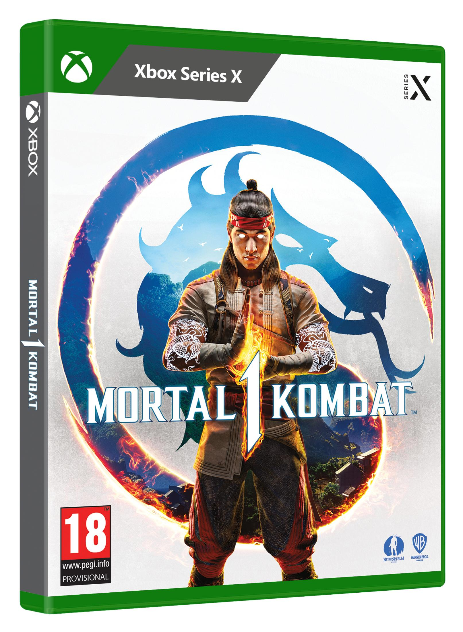 Portada de Mortal Kombat 1 para Xbox Series X con Liu Kang y un dragón.