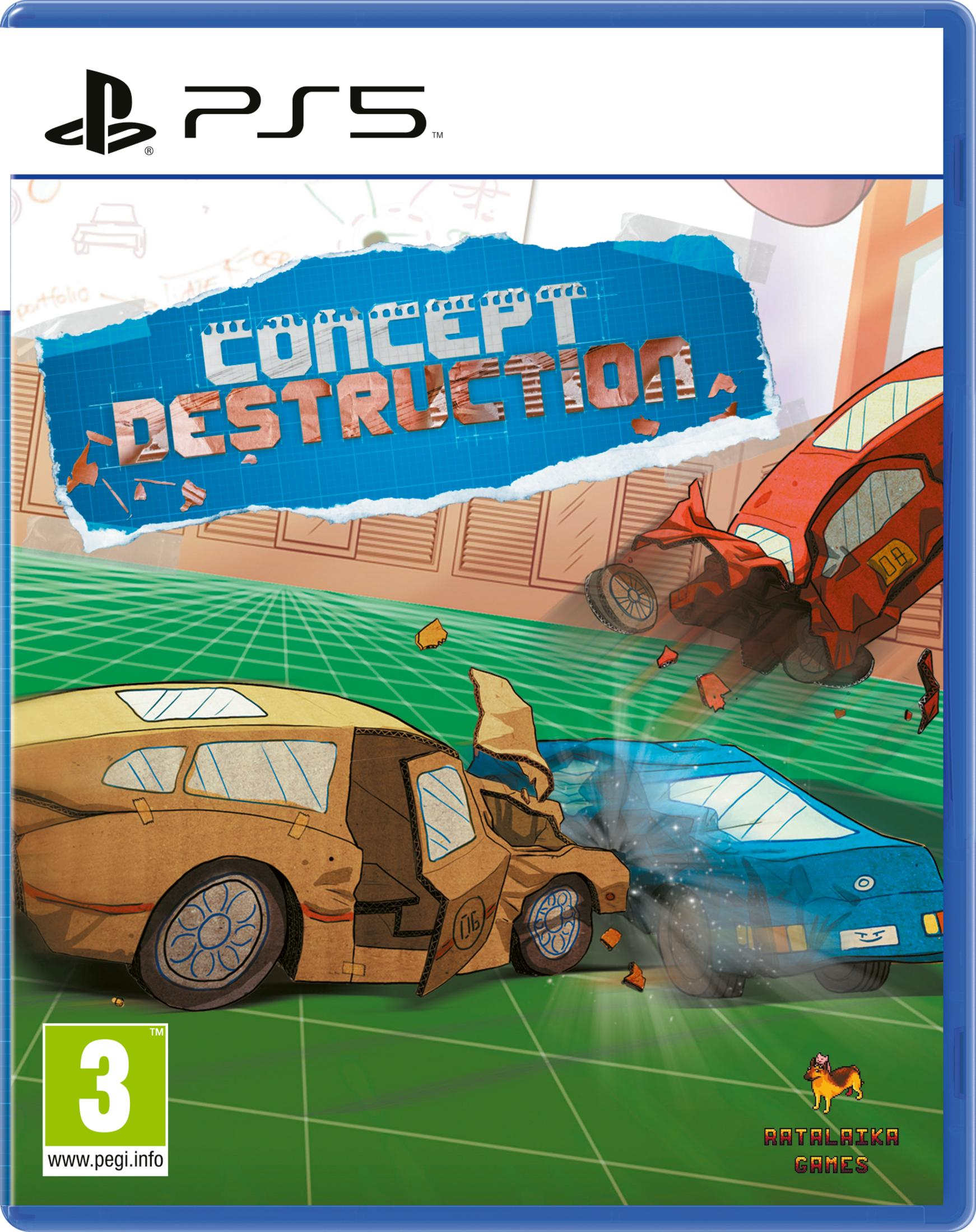 Copertina gioco PS5 con auto cartoni animati che si scontrano. Titolo: Concept Destruction.