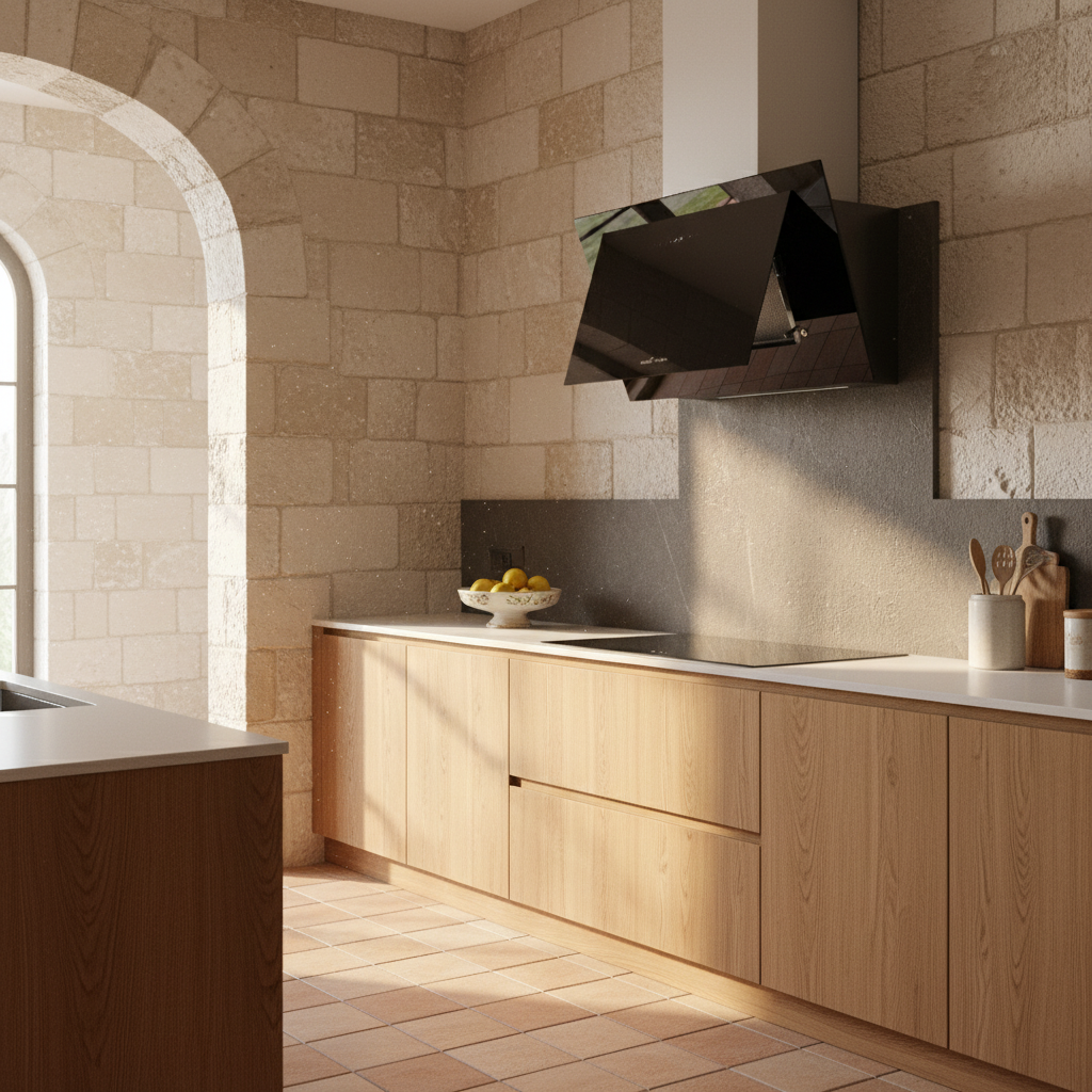 Cocina moderna con paredes de piedra, armarios de madera, campana negra y frutero.