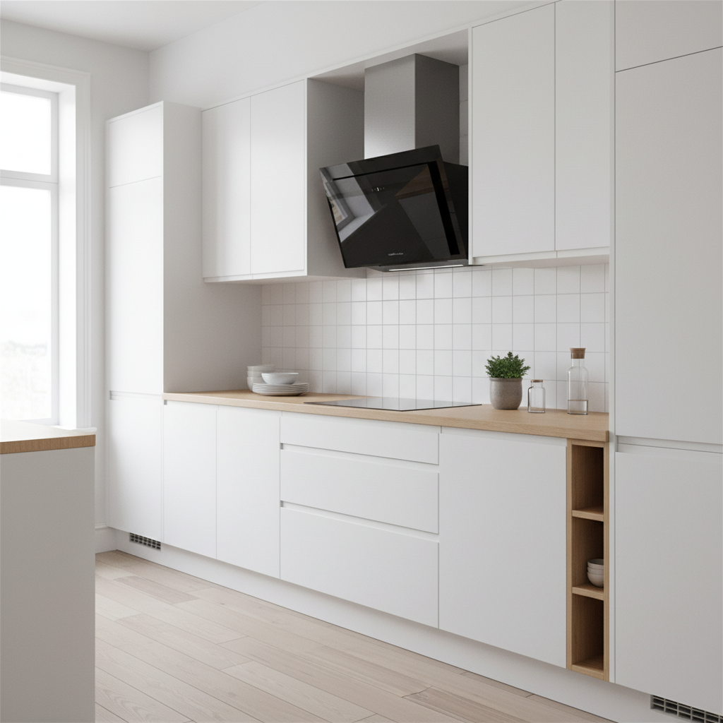 Moderna cocina blanca con campana negra sobre vitrocerámica, encimera de madera.