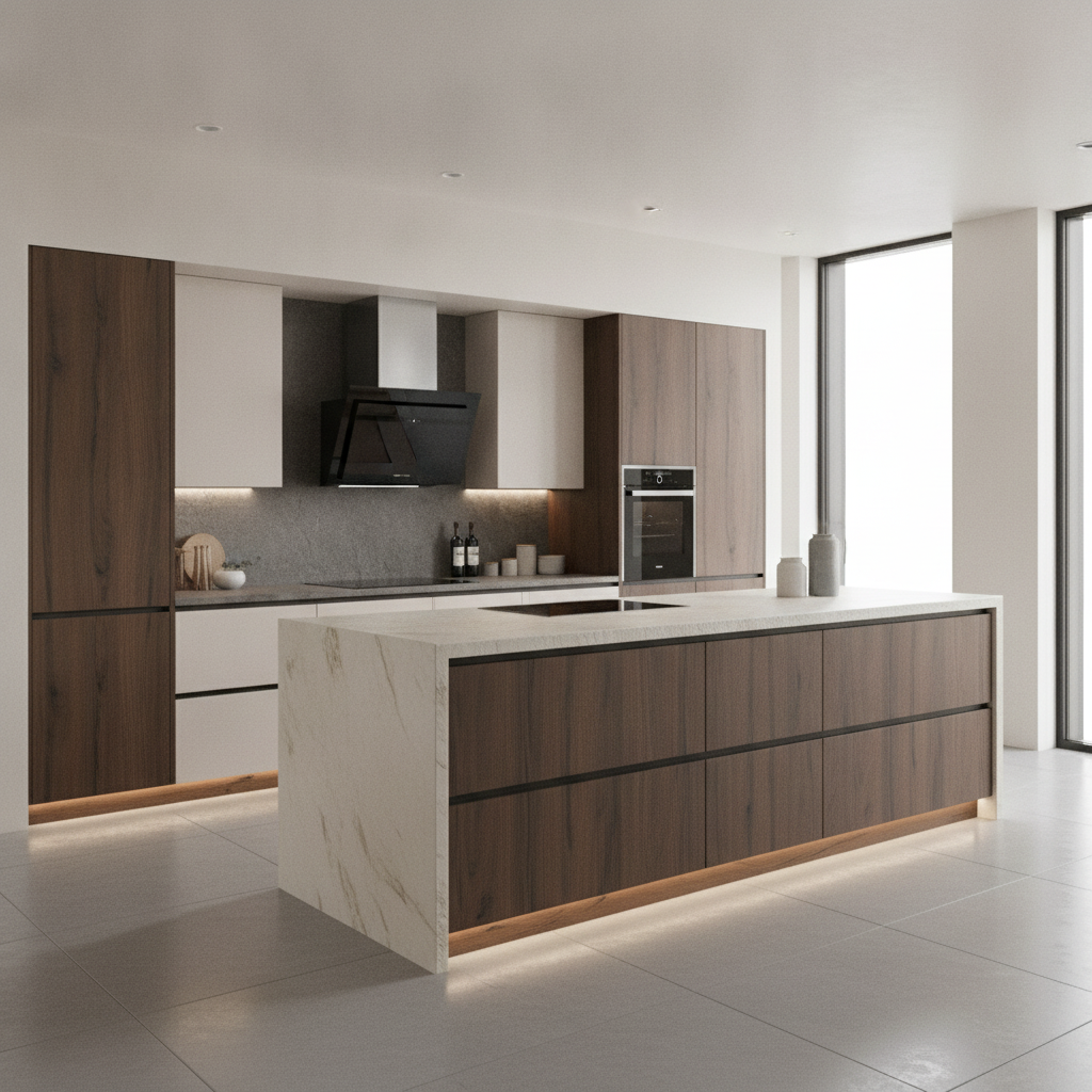 Cocina moderna con detalles de madera, isla de mármol, campana negra y horno.