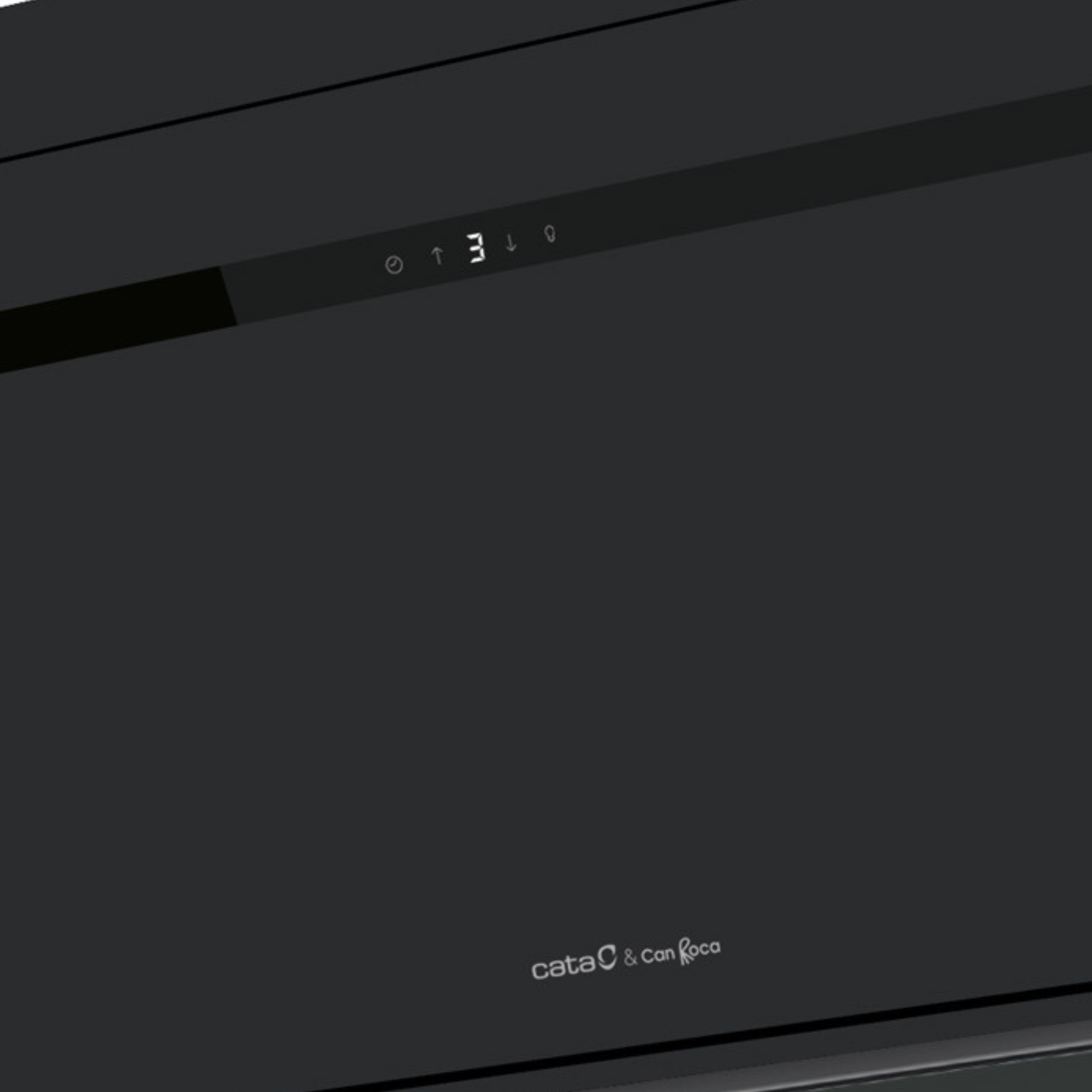 Encimera negra con controles digitales y logotipo de la marca abajo.