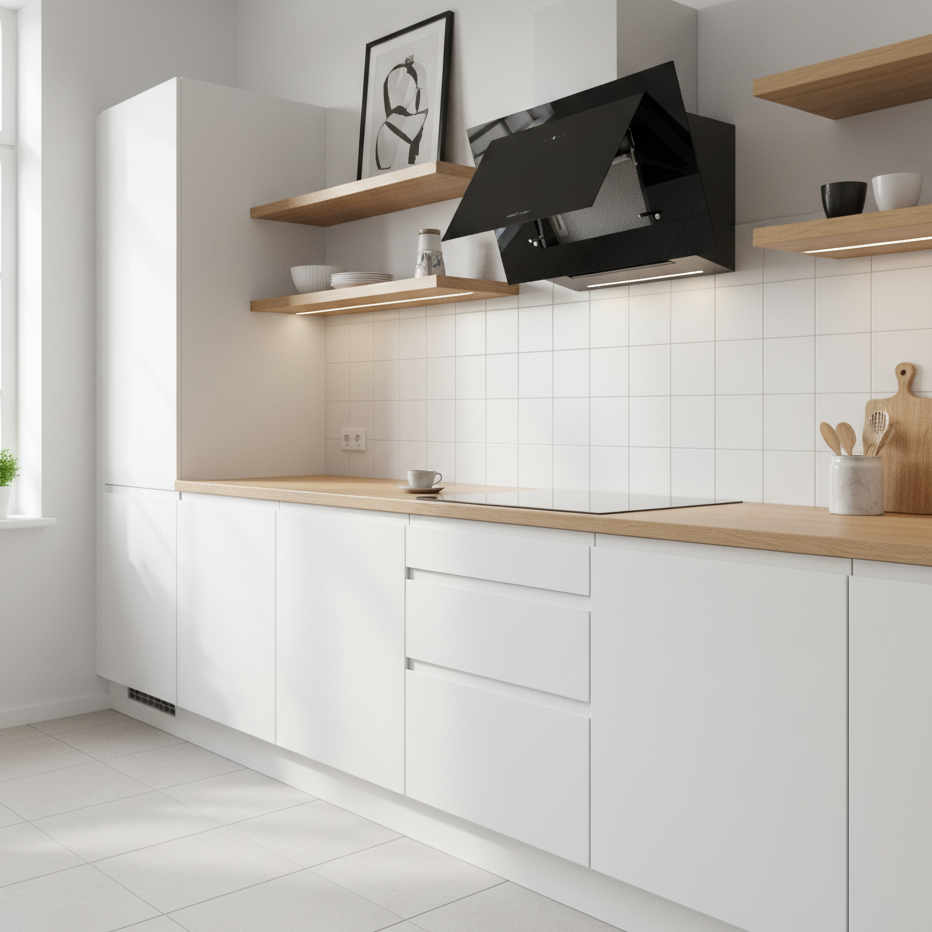 Moderna cocina blanca con estantes de madera, campana negra y placa de inducción.