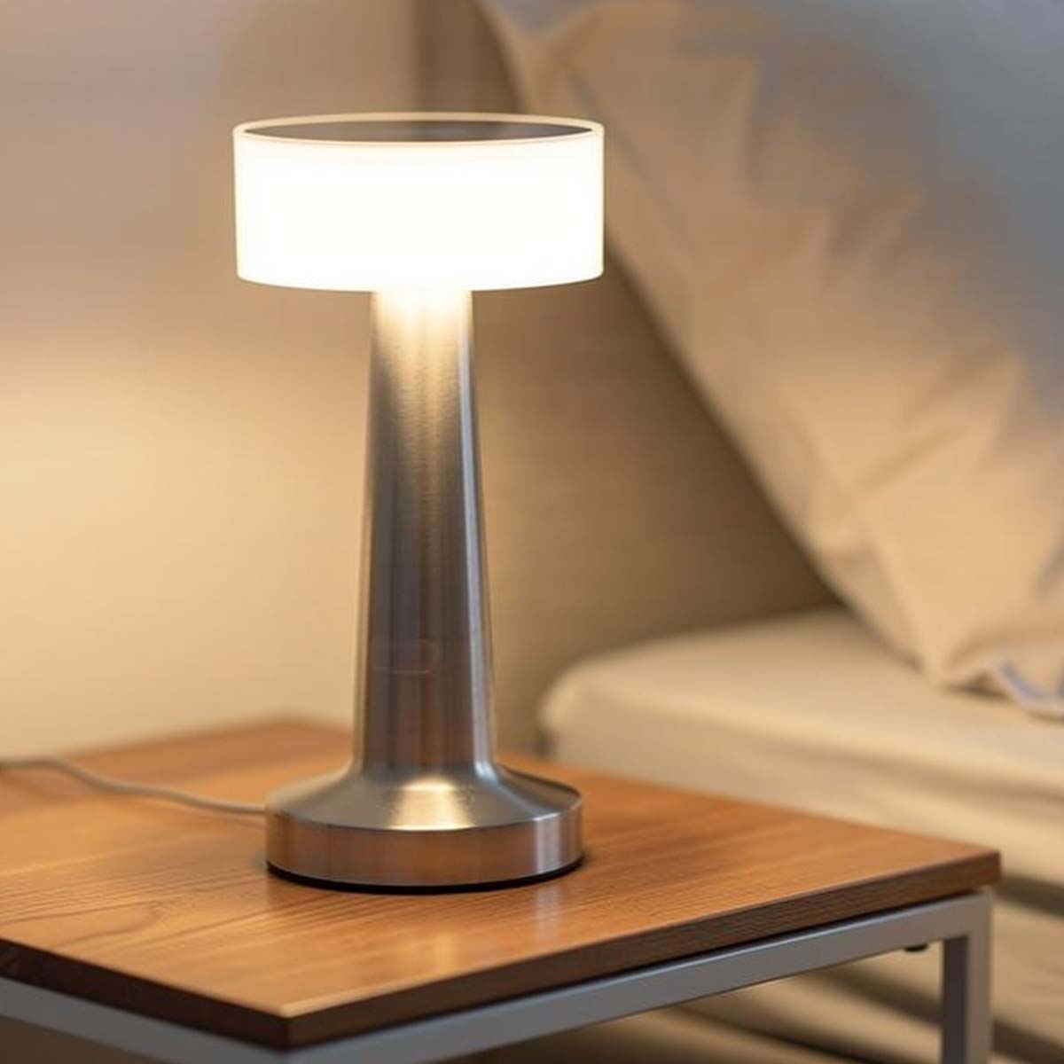 Una lámpara de noche moderna de metal brilla sobre una mesa de madera junto a una cama.