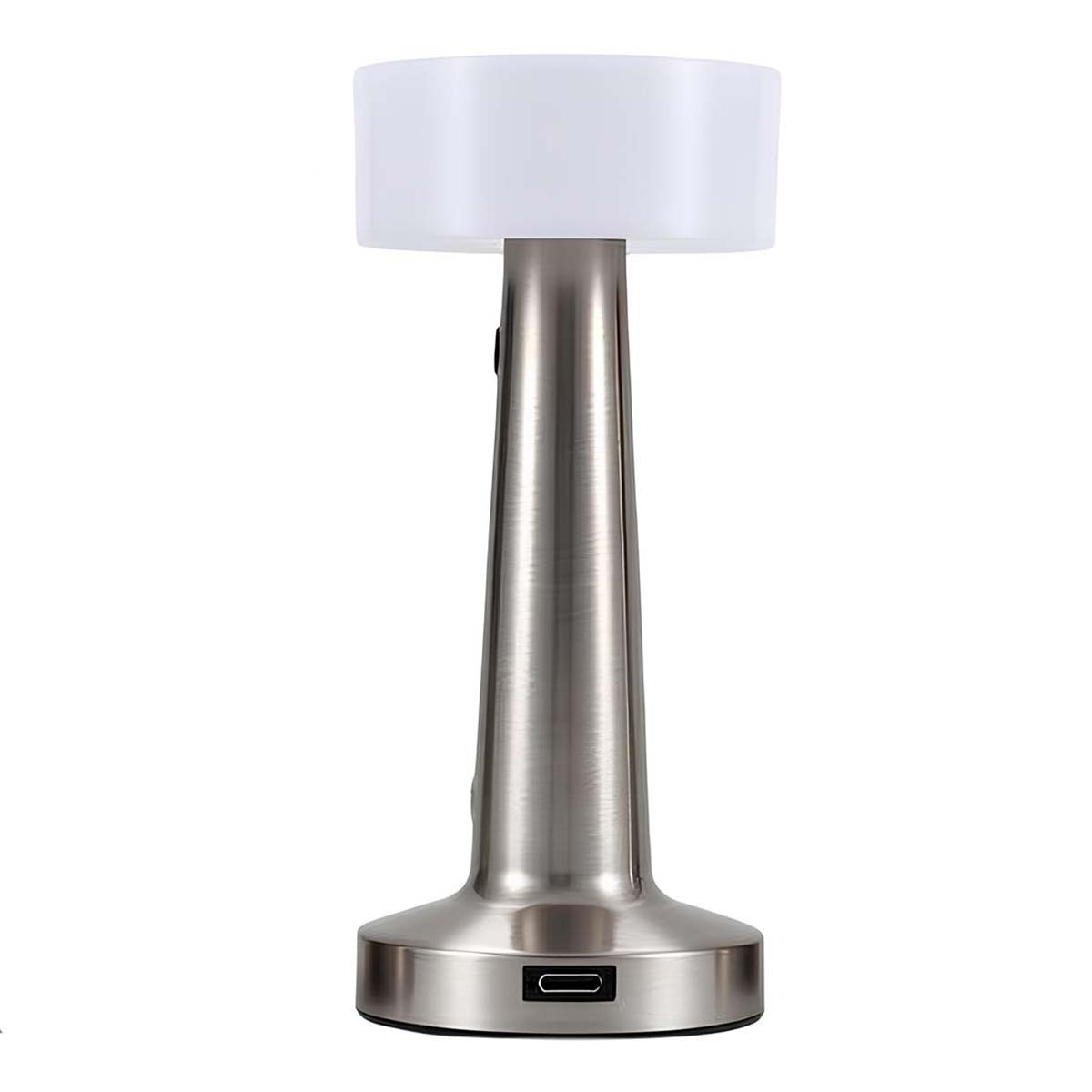 Una elegante lámpara de mesa plateada con pantalla blanca y puerto USB en la base.