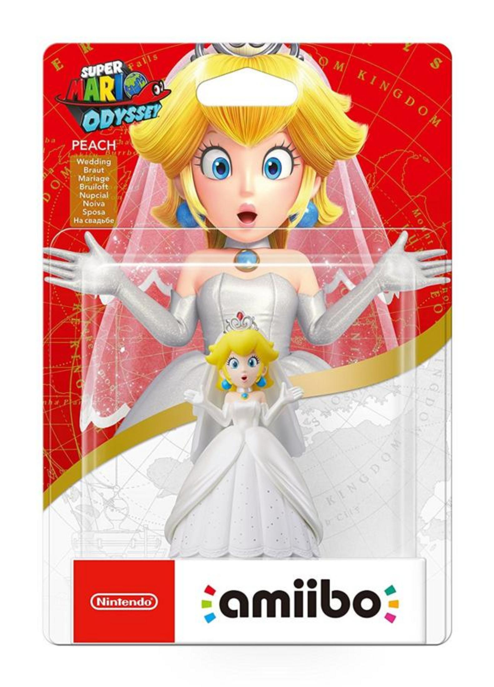 Figurine de Peach mariée de Super Mario Odyssey en robe blanche.