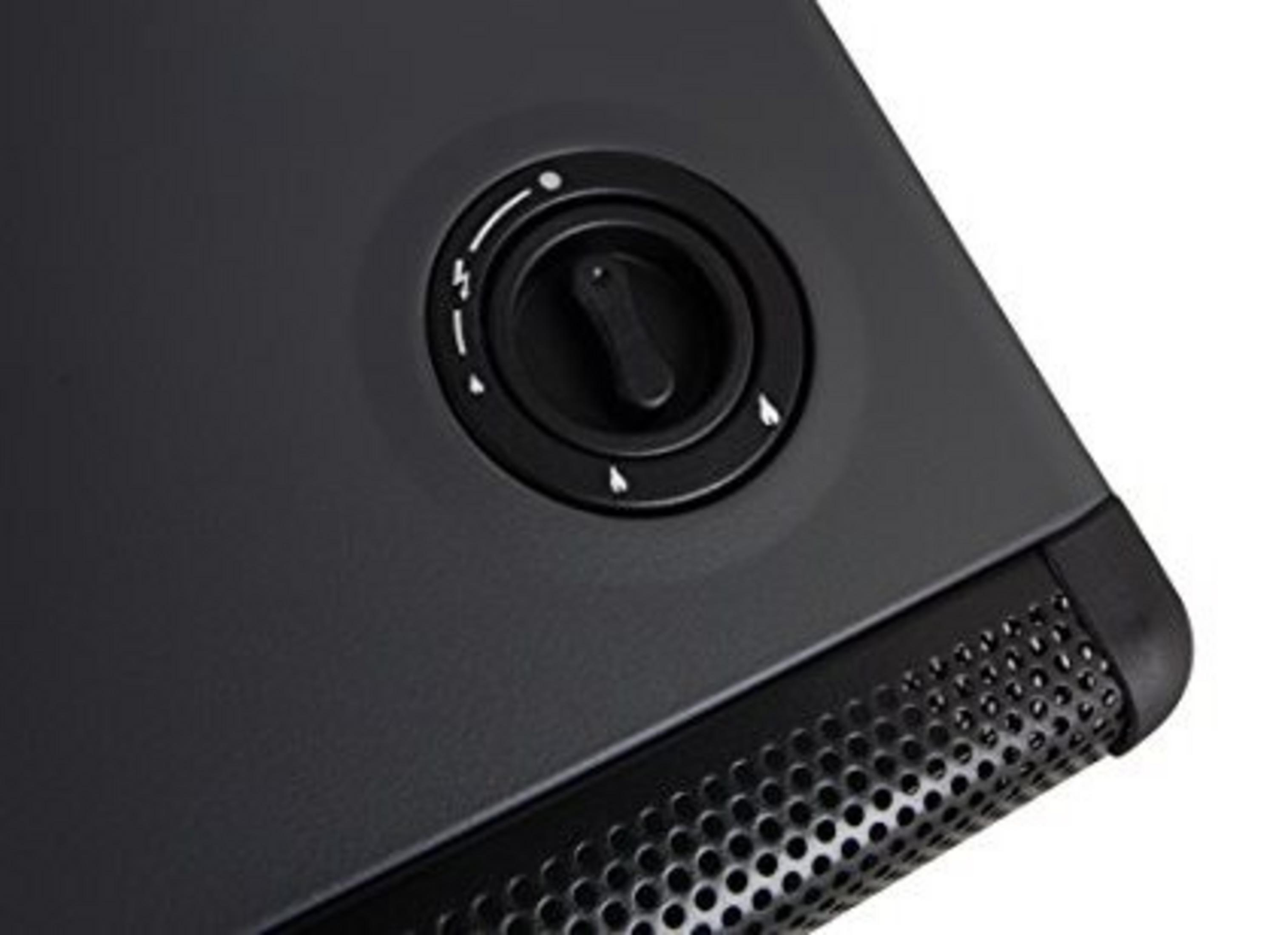 Dispositivo nero con quadrante e pannello laterale traforato.