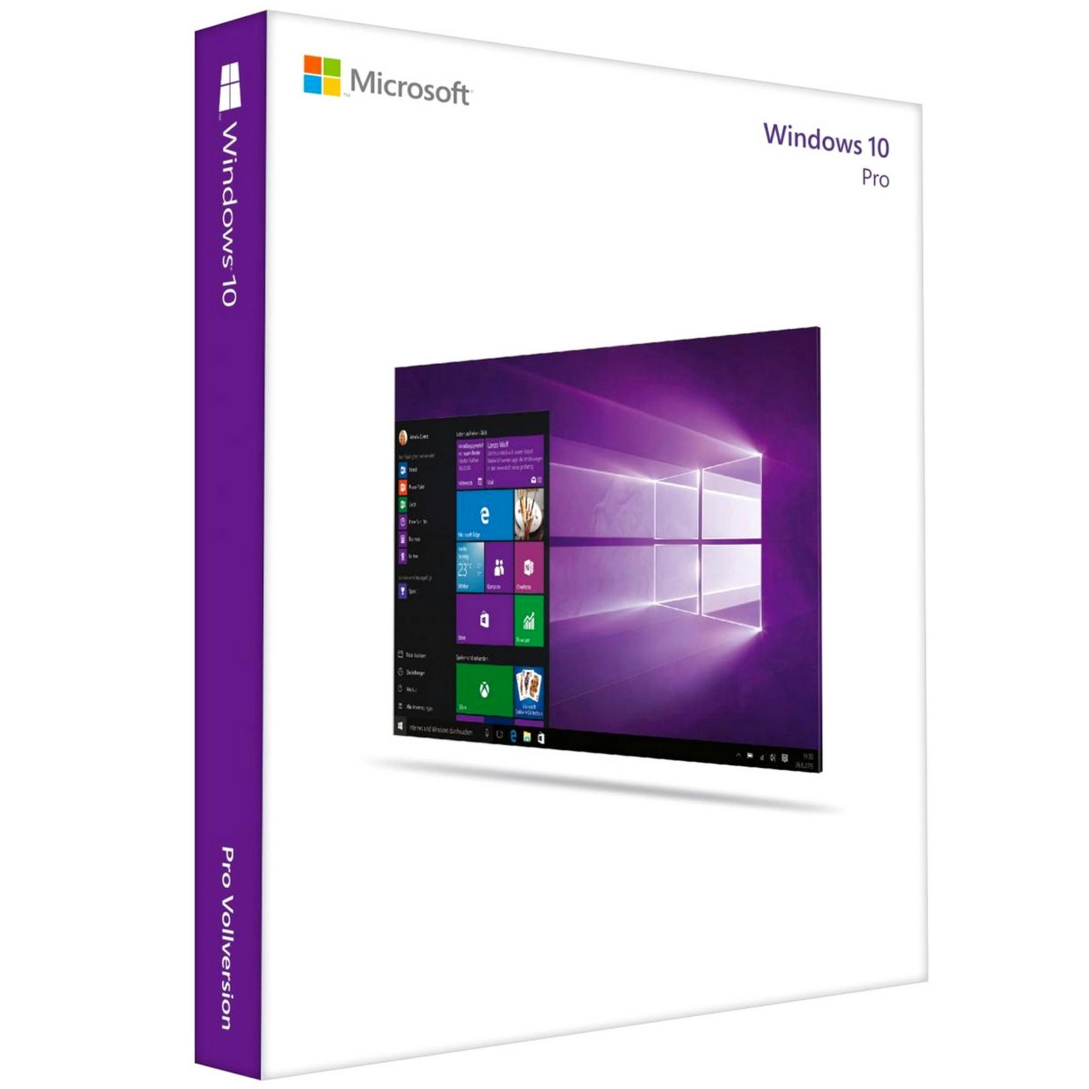 Opakowanie Windows 10 Pro z logo Microsoft i wyświetlaczem menu Start.