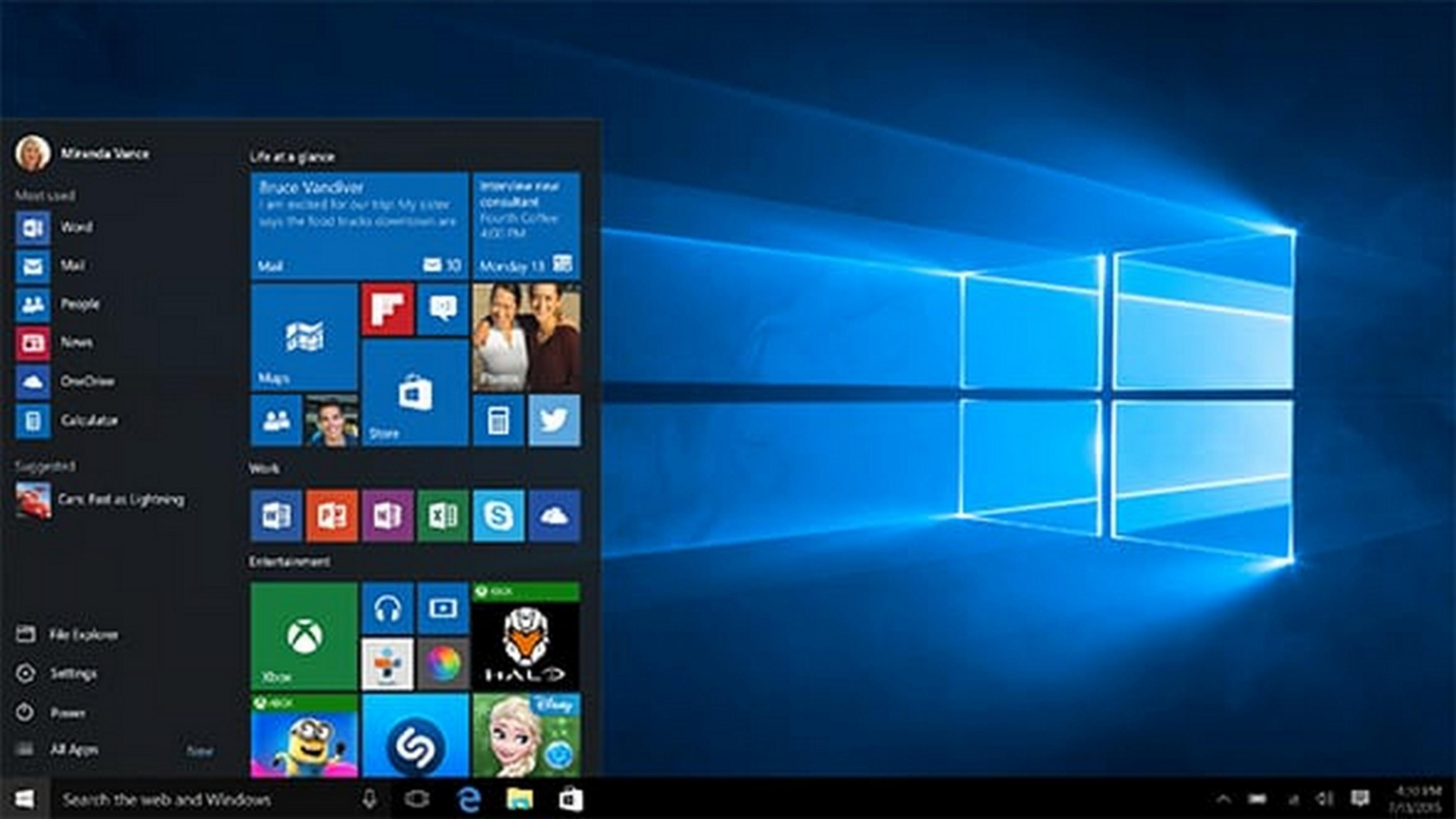 Menu Start systemu Windows 10 z aplikacjami i tapetą.