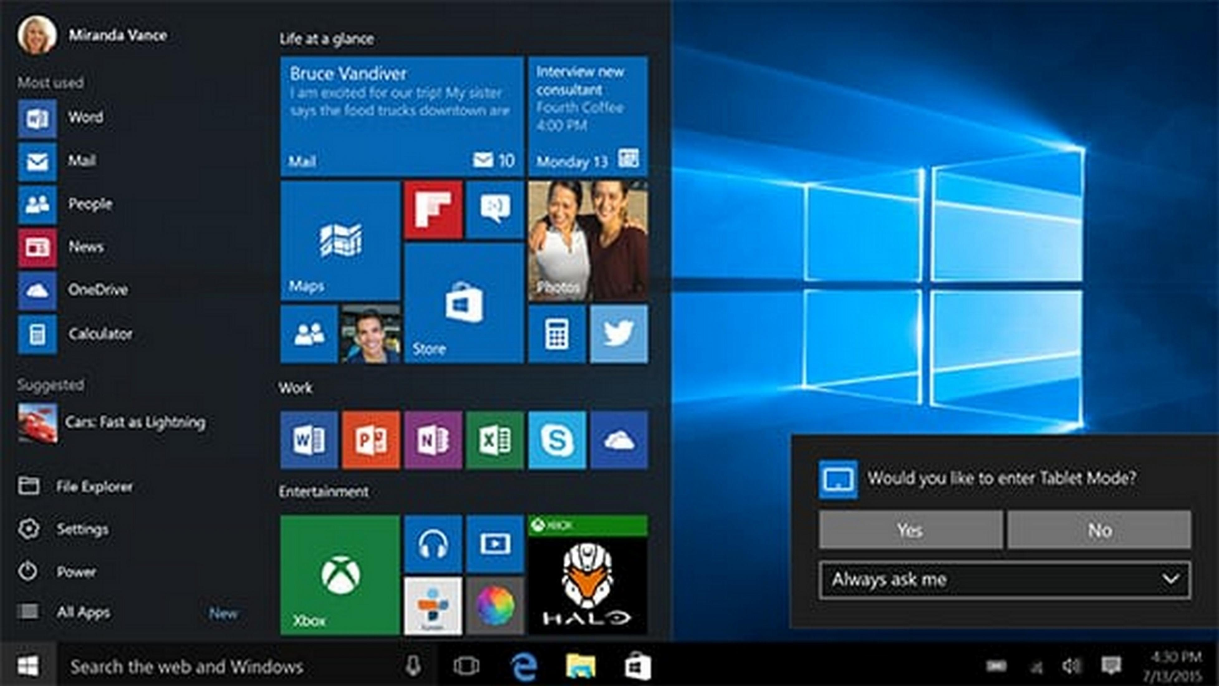 Windows 10 z menu Start i pytaniem o Tryb Tabletu. Po lewej lista aplikacji, po prawej kafelki.