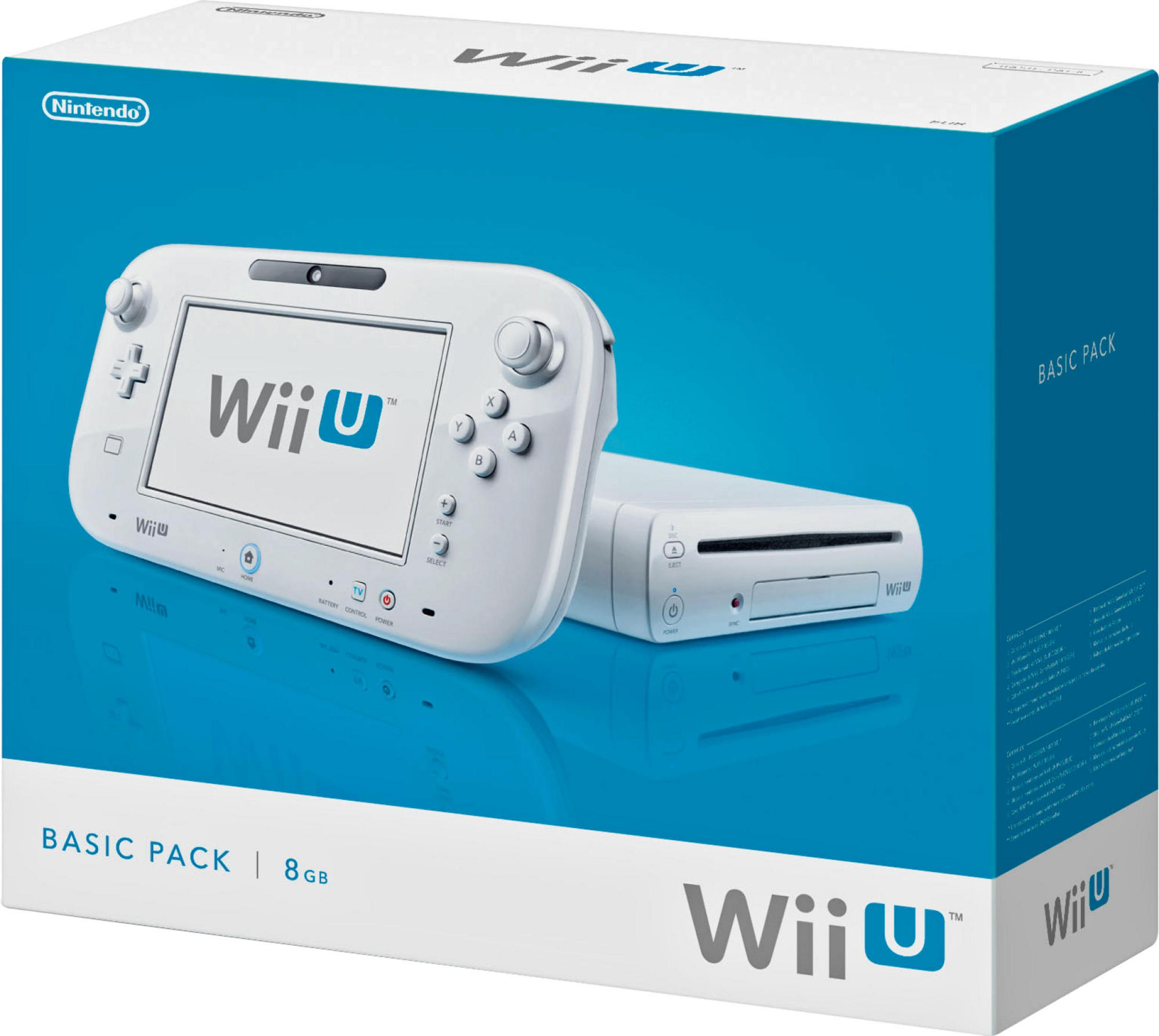 Nintendo Wii U Basic Pack Karton mit Konsole und Controller auf blauem Grund.