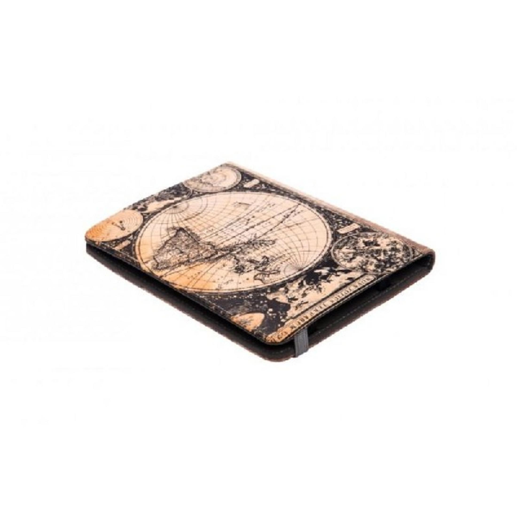 Un cuaderno cerrado con un mapa del mundo antiguo en su portada.
