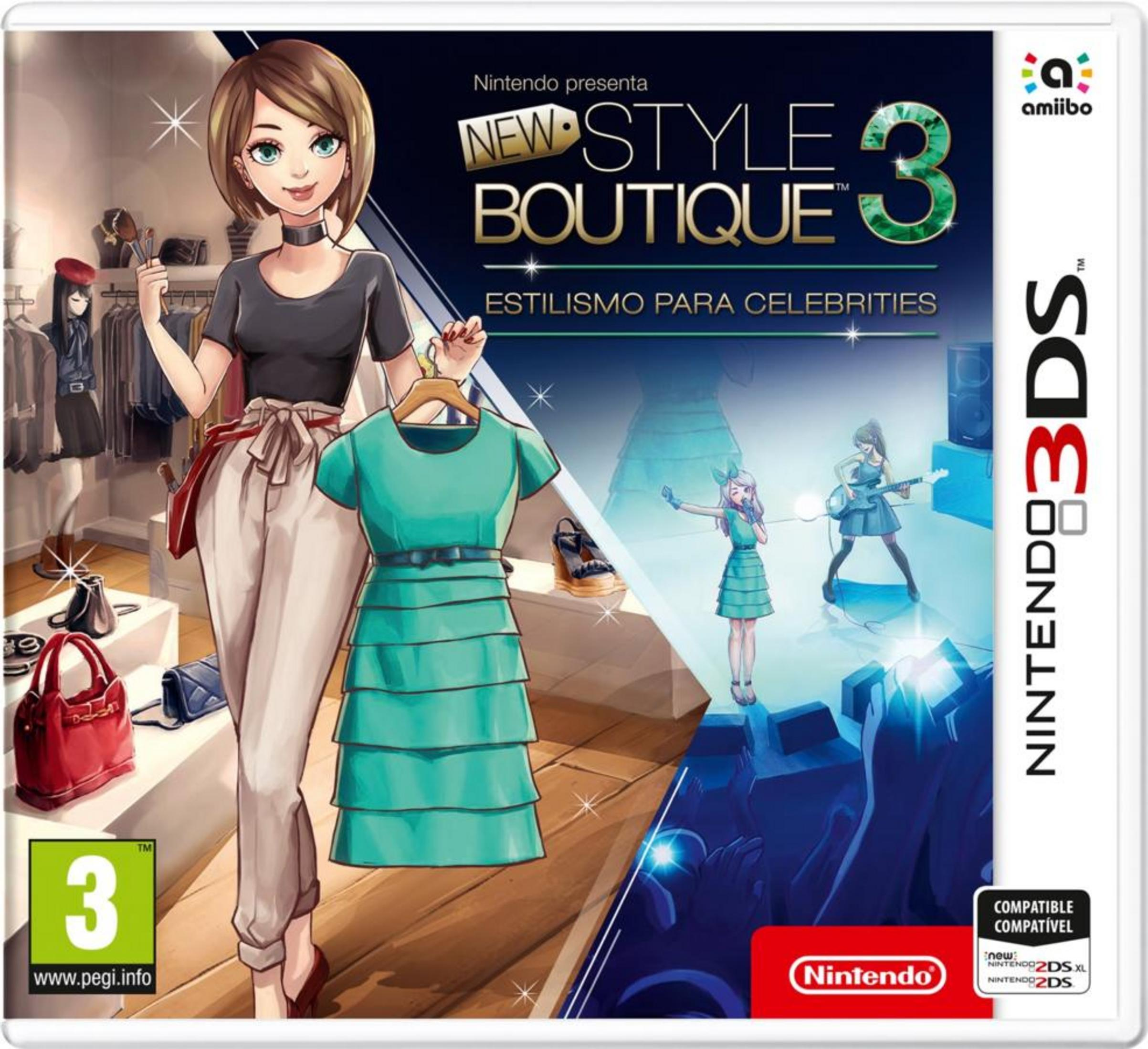 Una ragazza anime in un negozio di moda presenta un abito turchese. Nintendo 3DS.