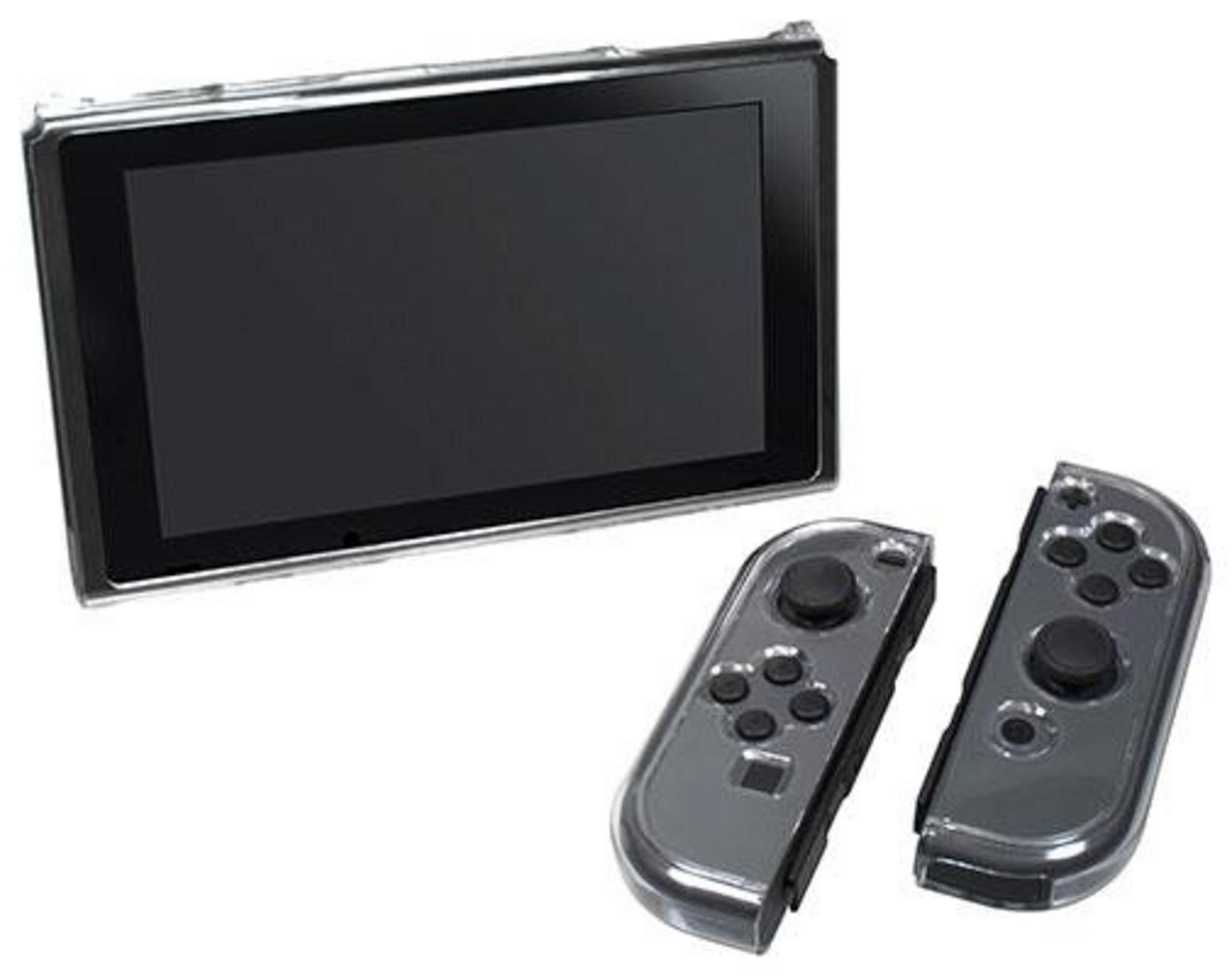 Una pantalla negra de Nintendo Switch con dos controles Joy-Con grises translúcidos al lado.