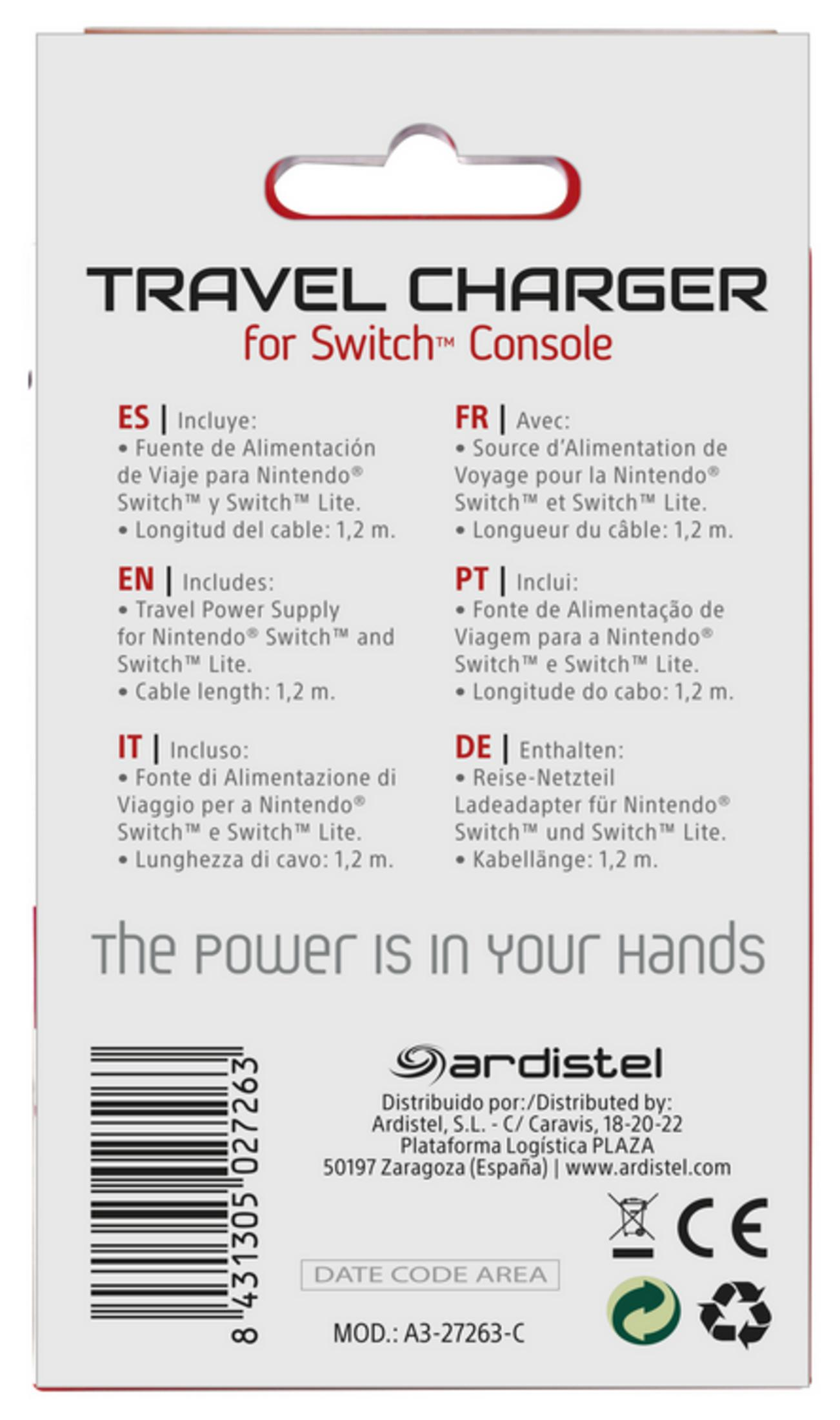Cargador de viaje para Nintendo Switch, cable 1,2m, marca CE.