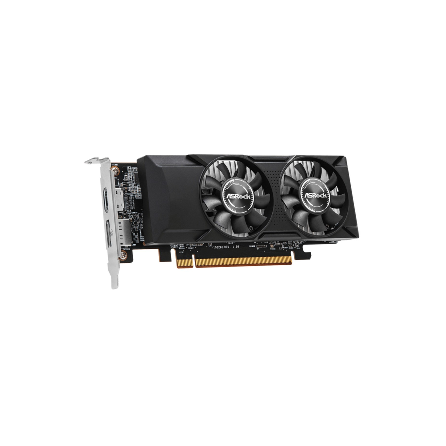 Black graphics card with two fans and ASRock logo. White background.