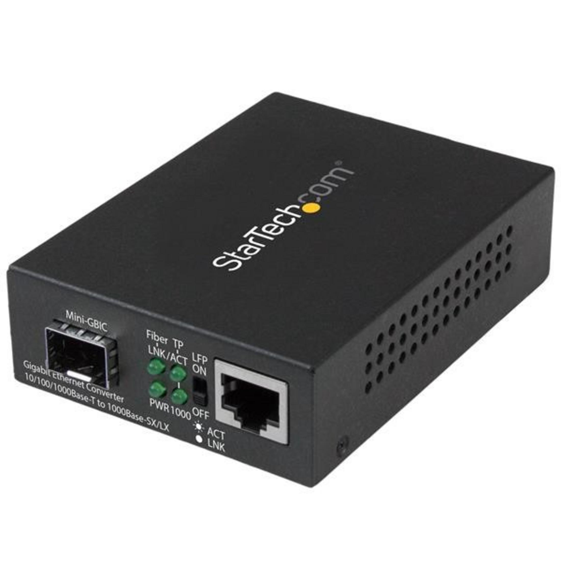 Un convertidor Gigabit Ethernet negro con puertos y luces indicadoras.
