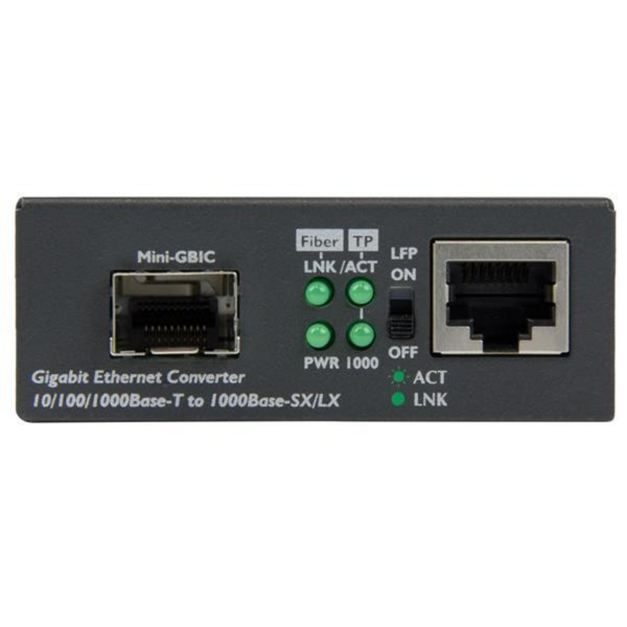Convertidor Gigabit Ethernet negro con puertos Mini-GBIC y RJ45. Incluye LEDs.