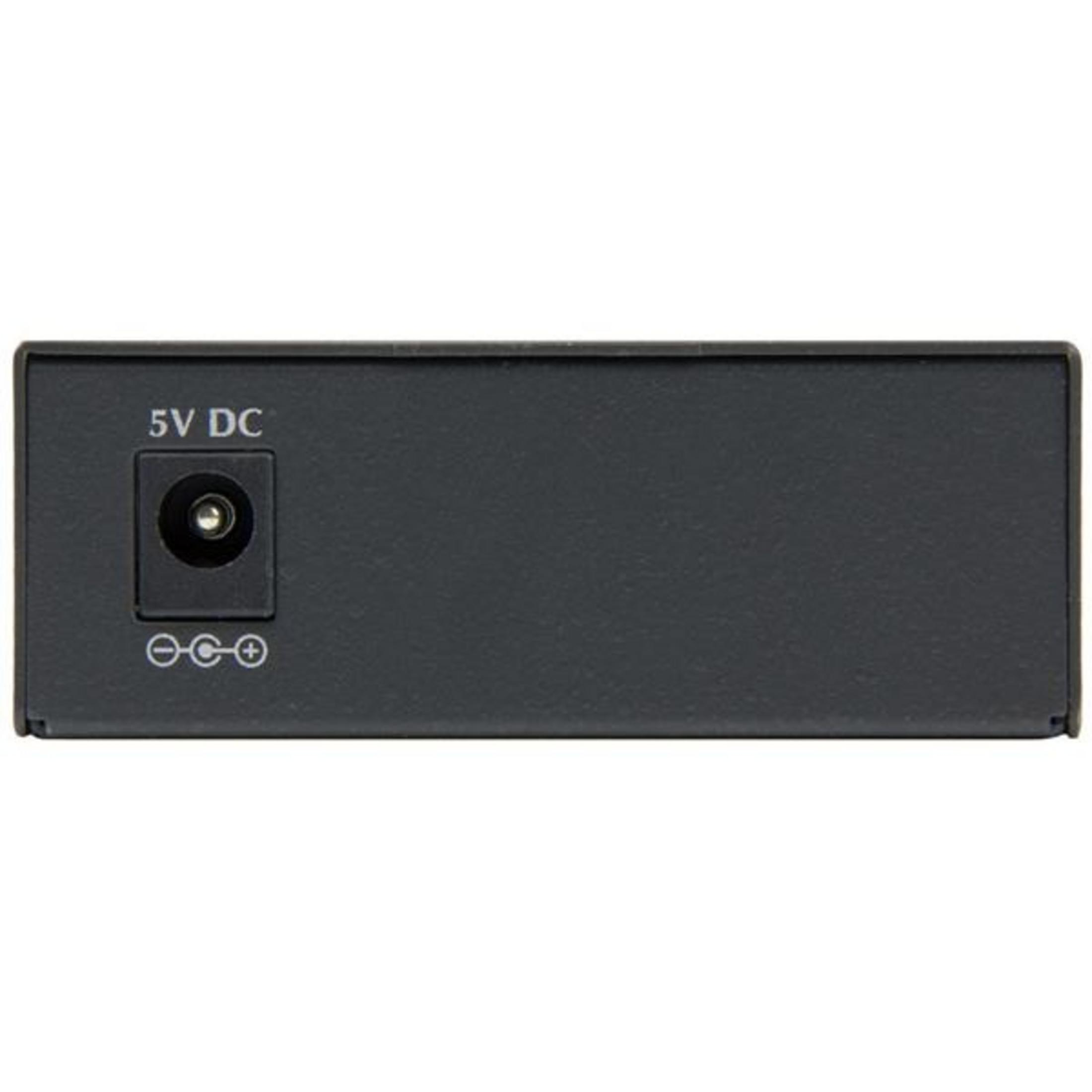 Dispositivo rectangular negro con entrada de 5V CC y símbolos de polaridad.